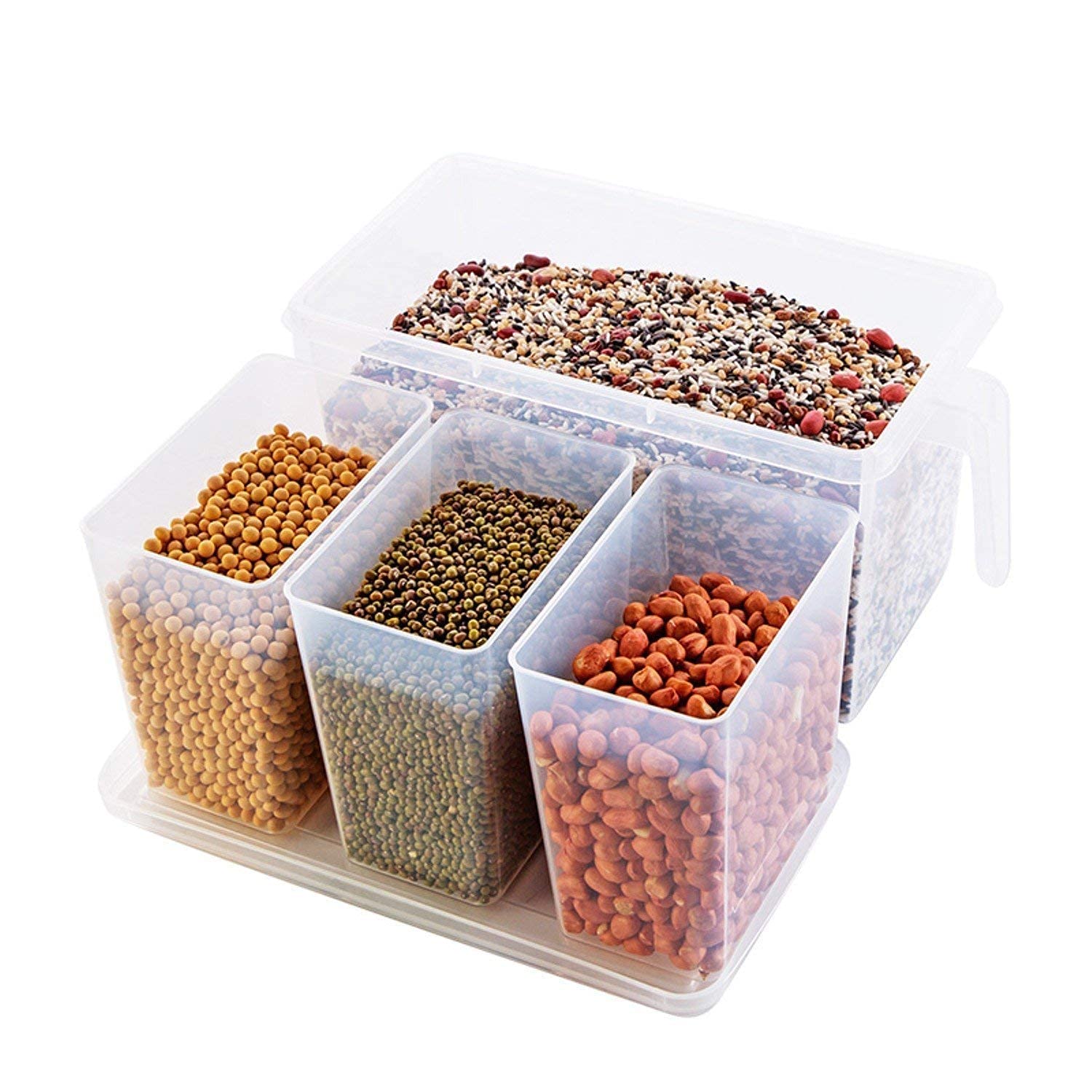 Sukhrup Fridge Organizer Items Storage Kitchen Plastic Refrigerator Container Organizer Square Handle Food Fridge Containers Storage Organizer Boxes - Clear with Lid, Handle and 3 Smaller Bins