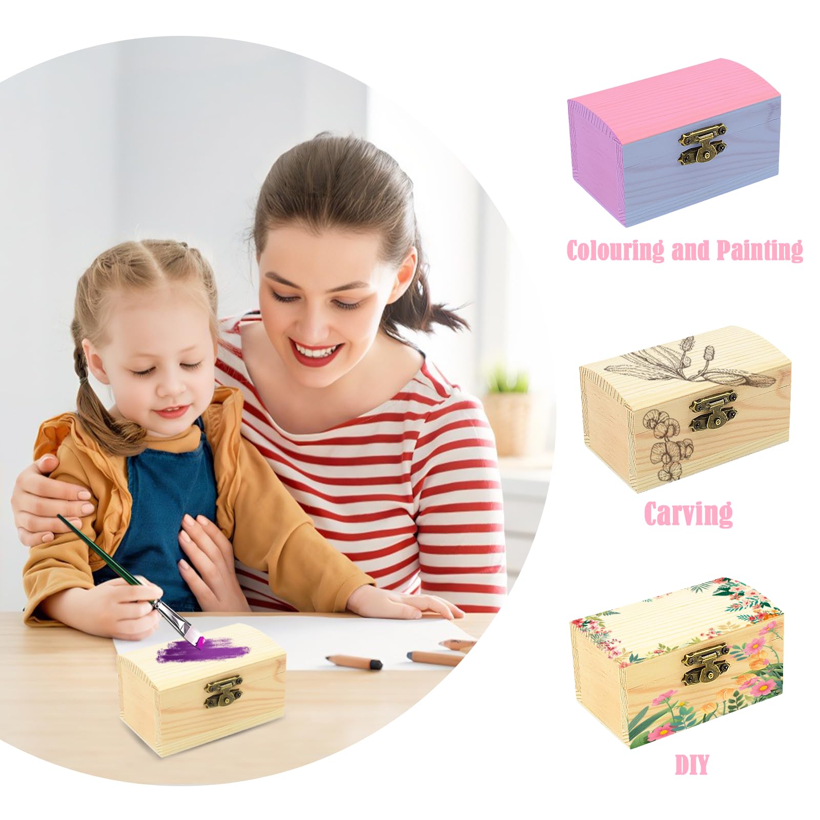 Petite Boite en Bois - 6 Mini Coffres au Trésor Non Finis avec Couvercles, Mini Cadeau Anniversaire Enfant, Boite Decorative pour Objets d'artisanat à Peindre-9 x 5,5 x 5 cm (2.6p-arch)