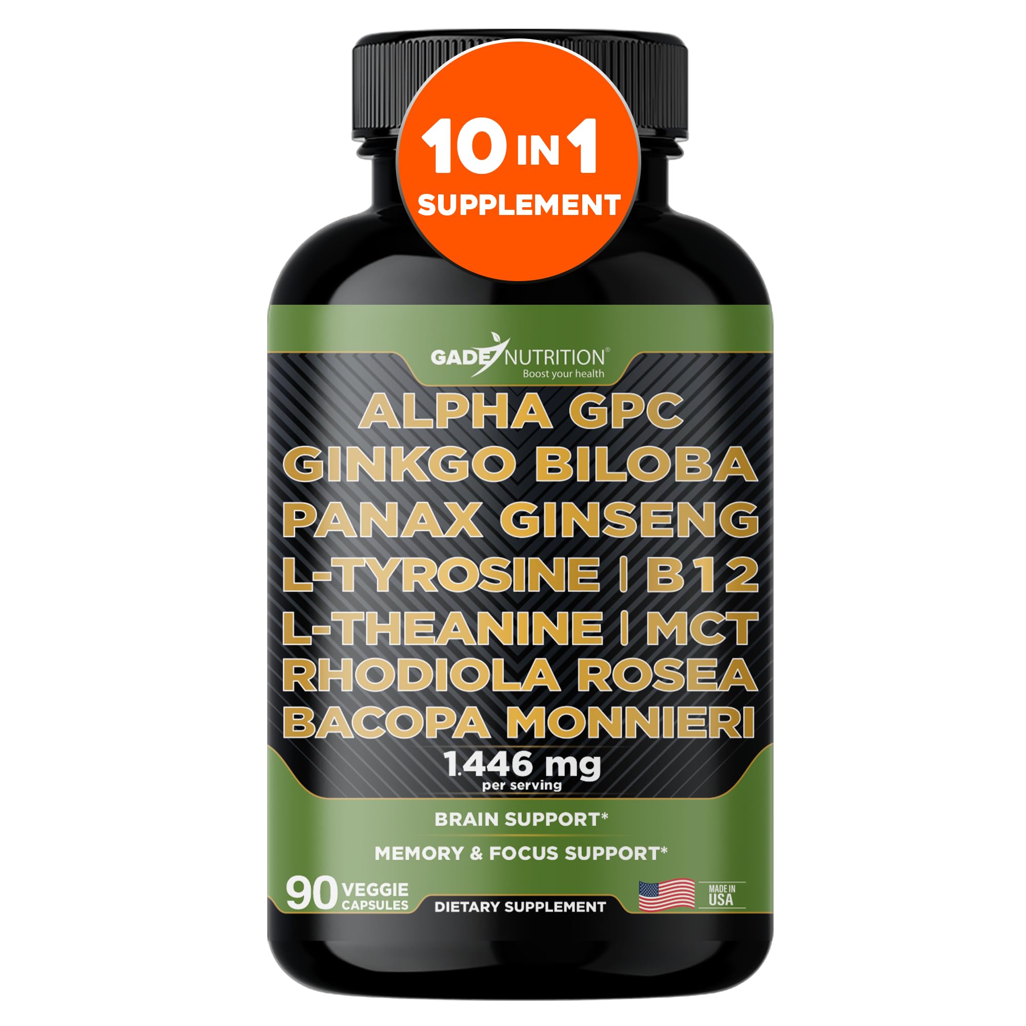 Gade Nutrition Alpha GPC + Ginkgo Biloba + Panax Ginseng + L- Tyrosine, L-Theanine, Bocopa Monnieri, Rhodiola Rosea, B12, MCT
