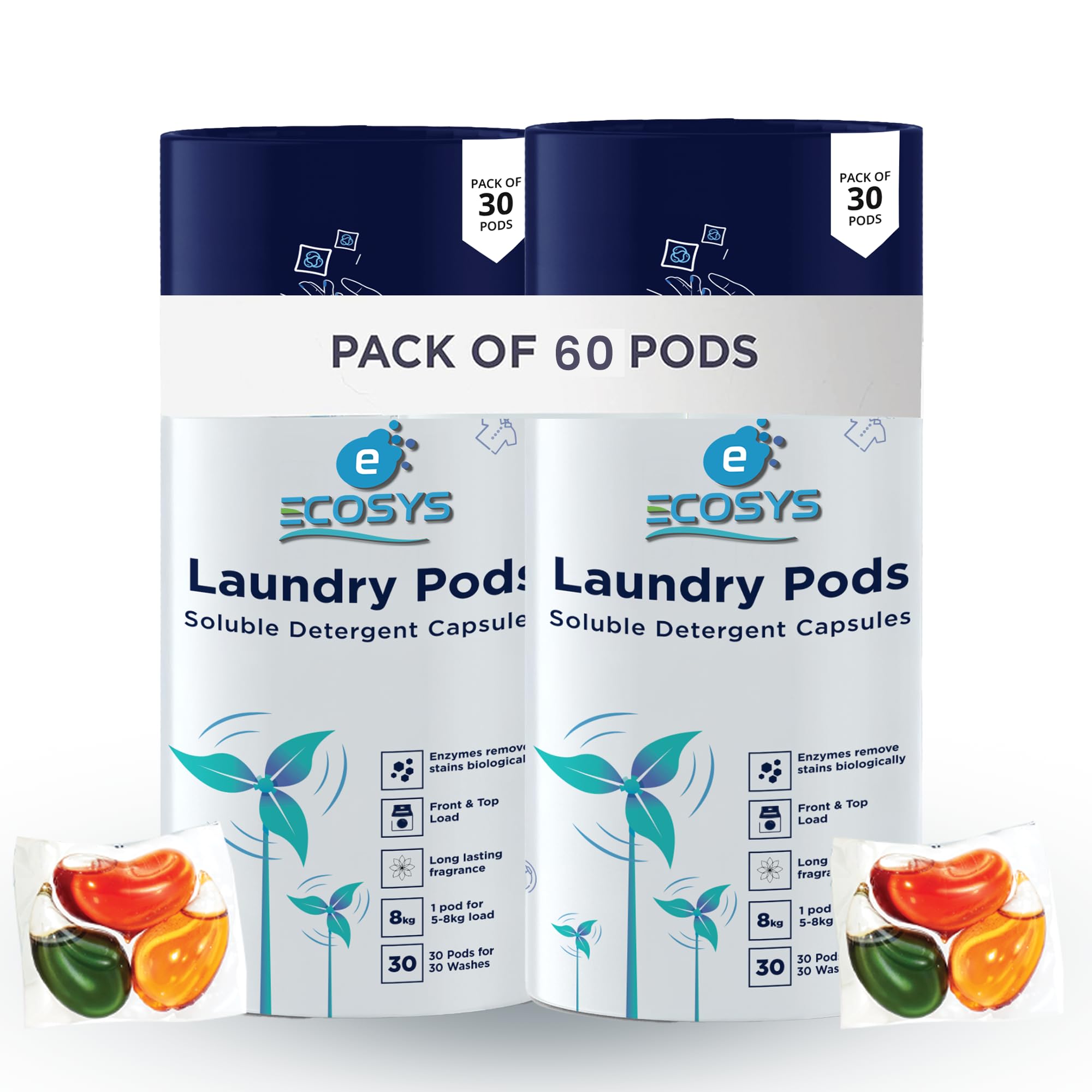 Ecosys 3-in-1 Dissolvable Magic Laundry Pods for 60 washes: Bio Enzymes Infused, Tough Stain Removal with Floral Aroma,1 Pod = 1 Wash for 5-7kg (Pack of 60) discount deal
