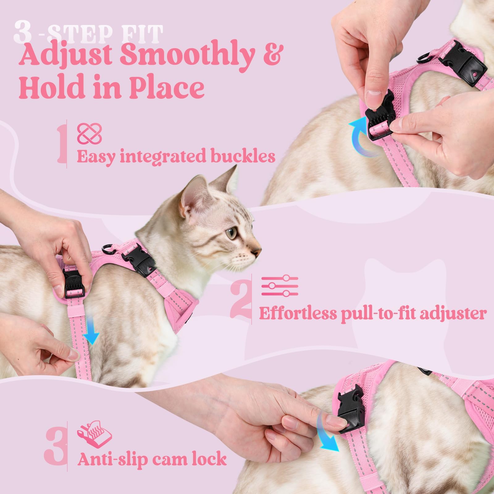 rabbitgoo Cat Harness and Leash, Escape Proof Vest with 3 Adjustable Buckles, Soft Comfortable Kitten Harness, Easy to Wear, Reflective for Safe Outdoor Walking, Small, Pink - 5
