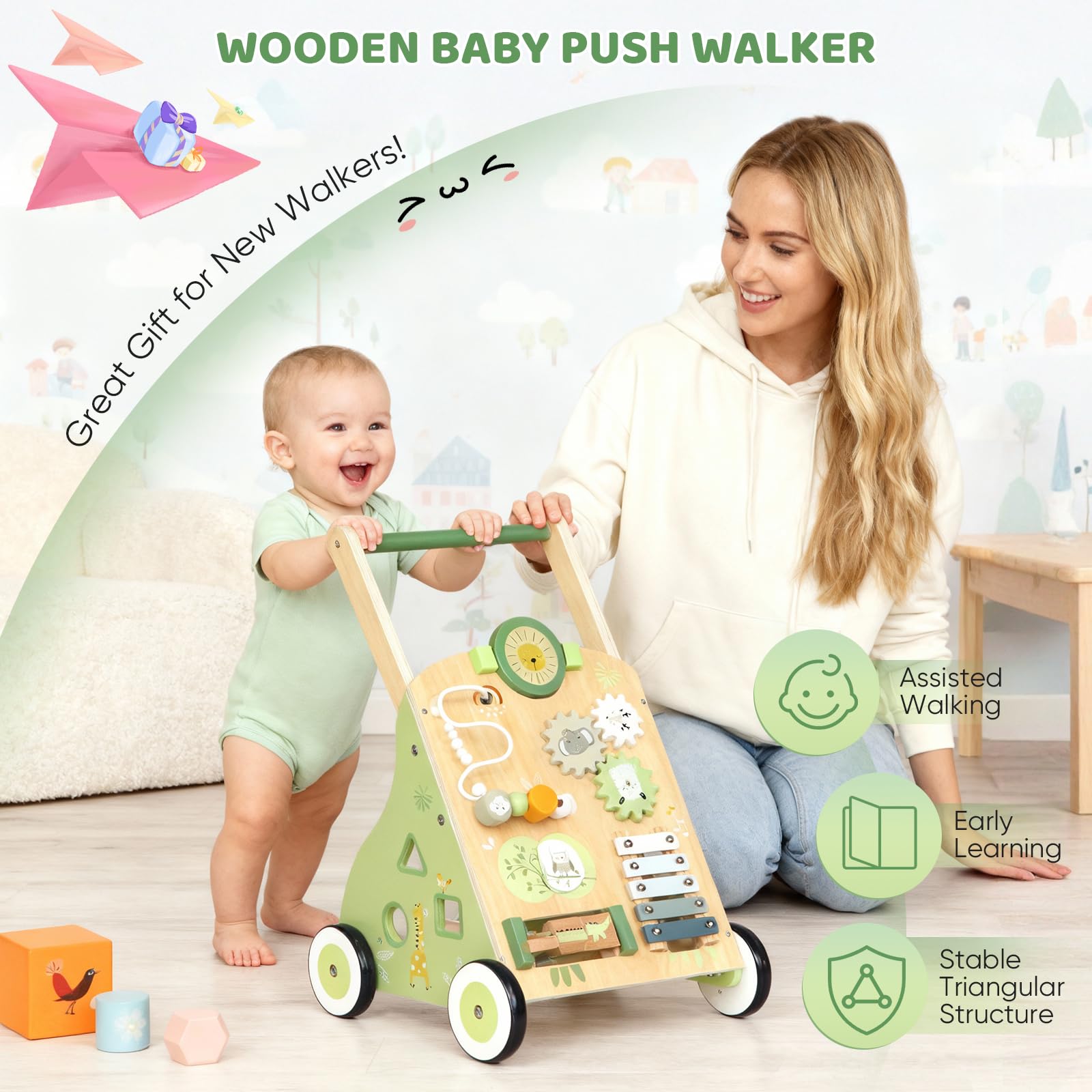 Lauflernwagen Baby Mit 9 In 1 Lauflernhilfe | Aus Holz,Mit Activity,Mit Montessori Spielzeug Multifunktion,Baby Walker Für Babys Ab 12 Monaten