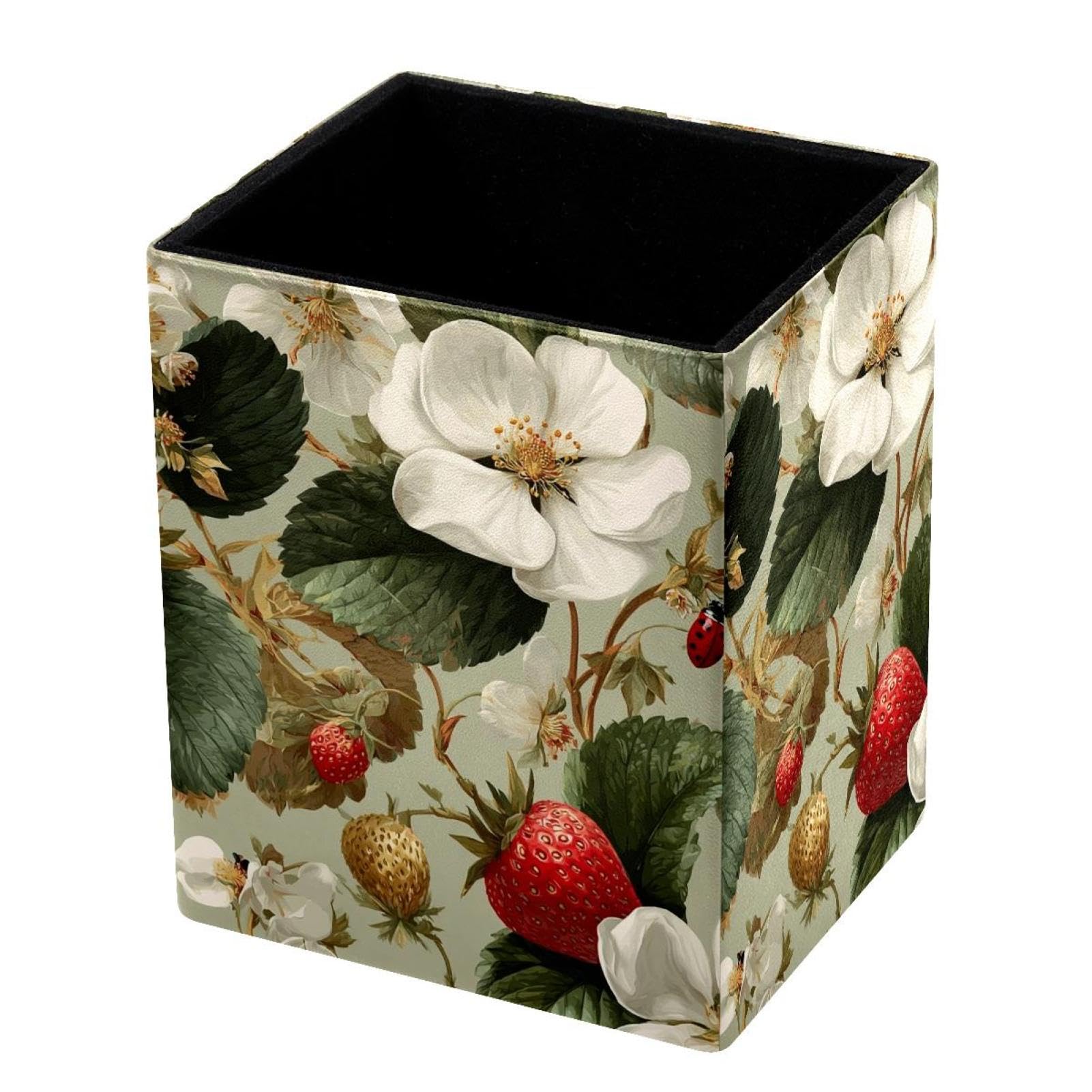 VAPOKF Pencil Holders for Desk, Strawberries and Daisies Printed Pen Holders Pen Pot Makeup Brushes Storage Desktop Stationery Supplies Organiser for Home Office
