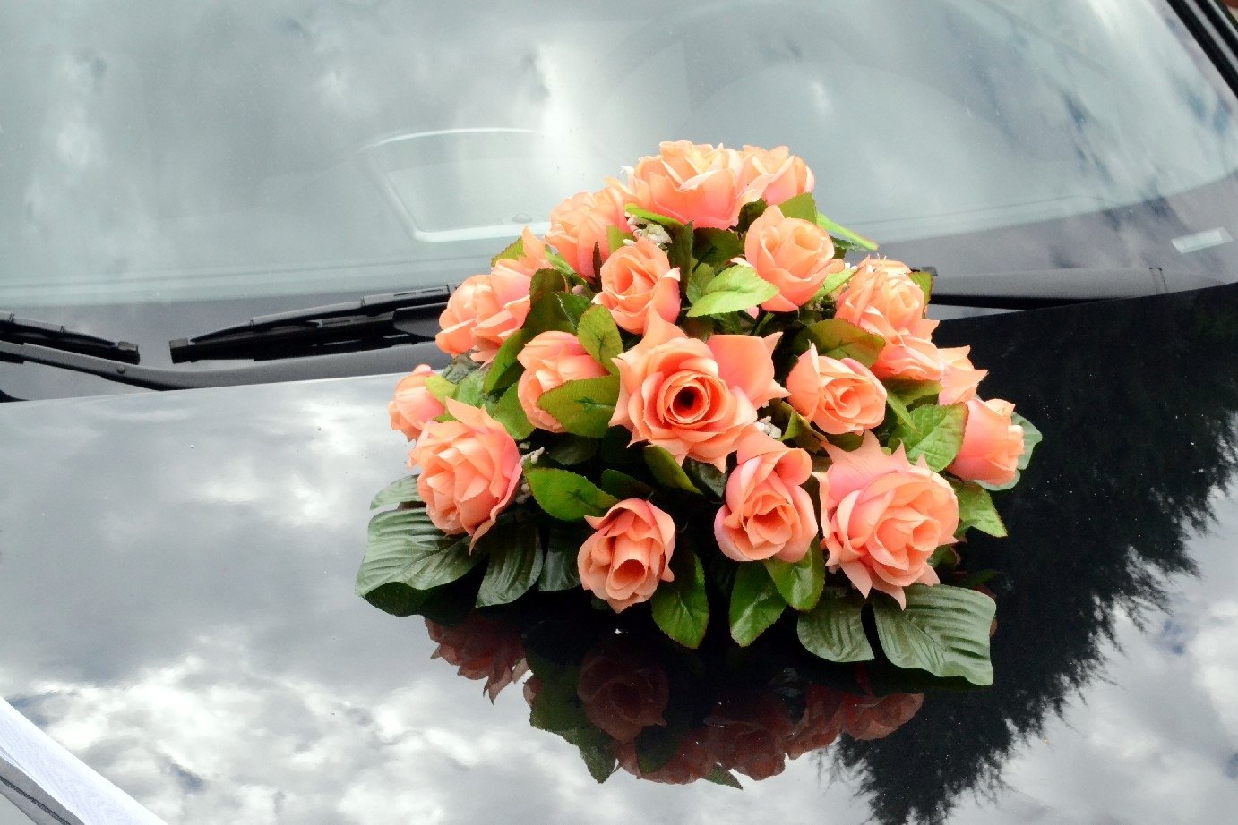 Decorazione per auto in rattan con piume, decorazione per auto, decorazione per matrimoni, diverse varianti (rosa, mazzo di fiori – arancione