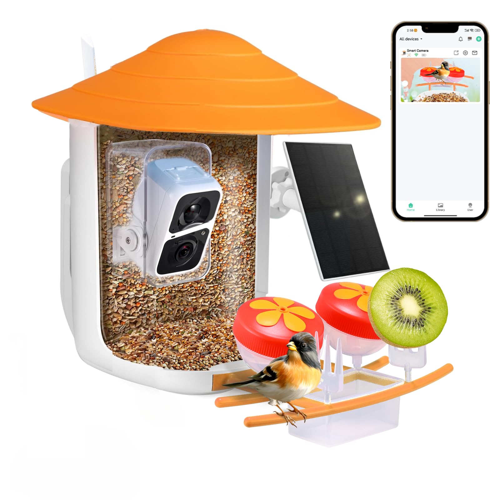 Kidken Comedero para pájaros con cámara alimentada por energía solar, estación de alimentación de aves silvestres, comedero para pájaros, detección AI, comedero para pájaros con capacidad de 1,8 l,