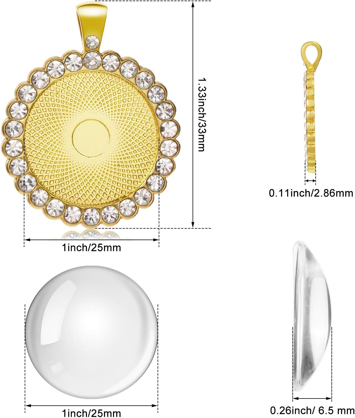 12 Pieces Rhinestone Diamond Pendant Trays 25 mm Round Bezel Pendant Trays and 12 Pieces Transparent Glass Cabochons for Photo Jewelry Craft DIY Making(Gold and Sliver) - Image 2