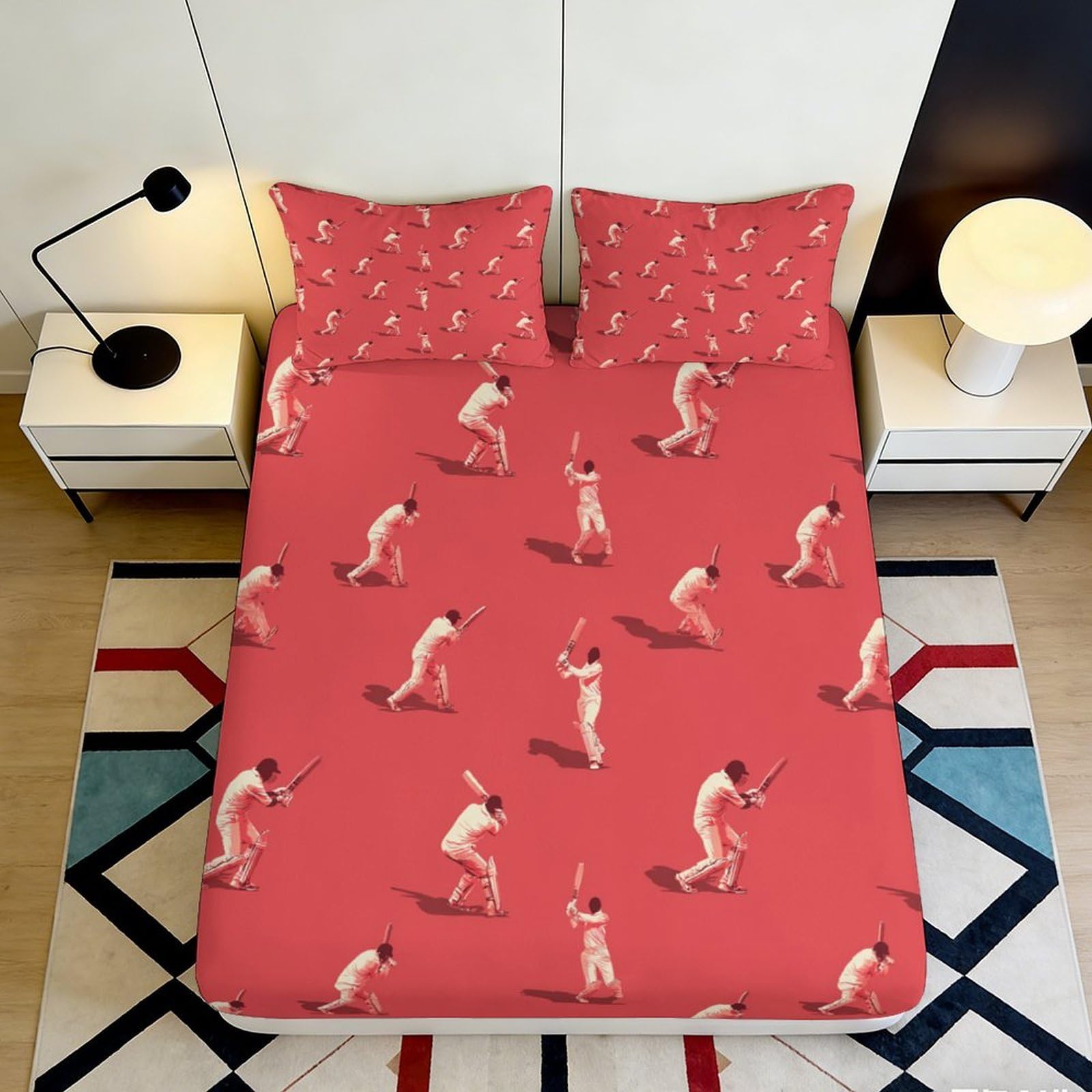 Pnayamiorkfel Style-10 3D Printed Cricket Player Pattern Fitted Sheet Microfiber Soft Red Bed Cover For Bedroom Guest Room Dorm Decor 90X200x25cm