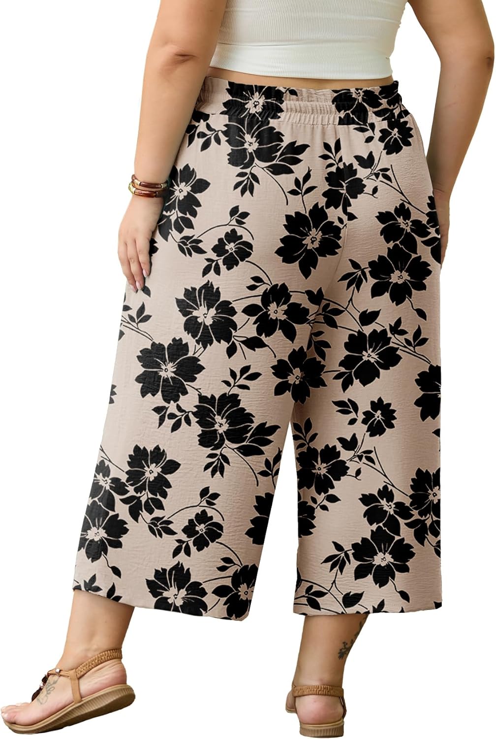 OLRIK Plus Size Capris for Women Summer Wide Leg Pants High Waist Drawstring Casual Capri Trousers with Pockets - Image 4