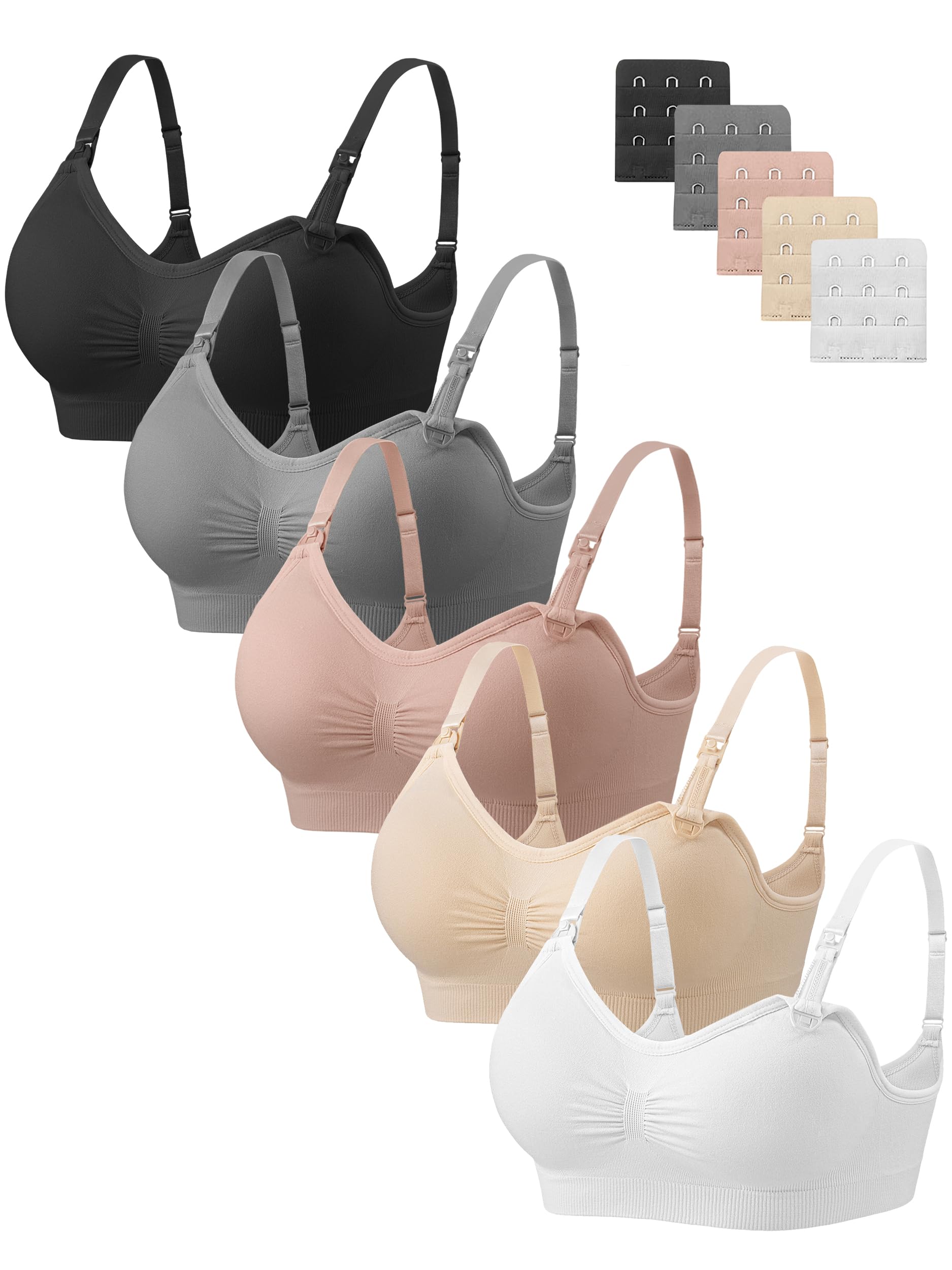 Angelhood Nursing Bra 5 Pack Womens Maternity Breastfeeding Bra Seamless Wireless Sleep Bra with Bra Extenders, 5 Pack M