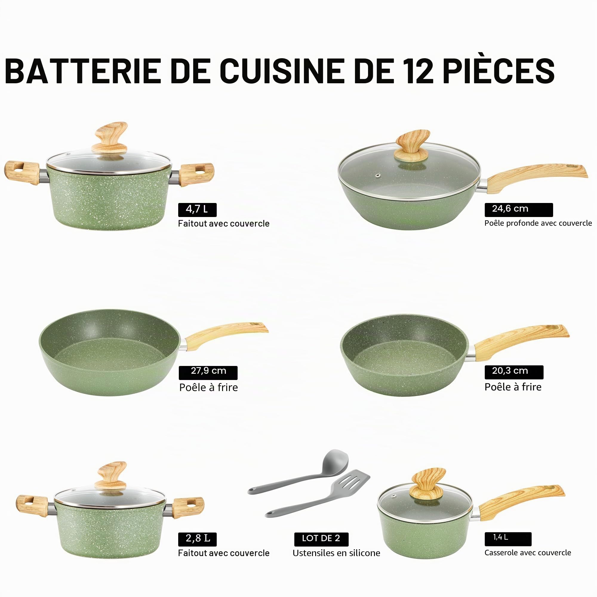 Kitchen Academy 12 Pièces Casseroles et Poêles Vert | Induction Revêtement Anti-adhésif avec Couvercle en Verre Set de Casserole et Poêle Batterie de Cuisine à Induction