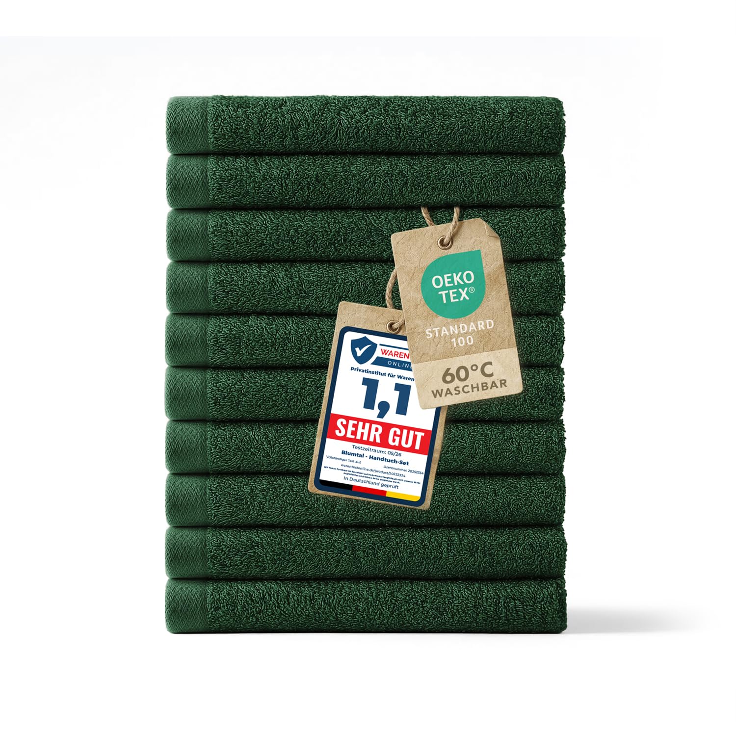 Blumtal Premium Frottier Gästehandtücher Set 12 teilig 100% Baumwolle - Oeko-TEX zertifiziertes Gästehandtuch 12x (30x30 cm) - Ultra saugstarkes Gästetücher Set waschbar °60 - Handtücher Dunkelgrün