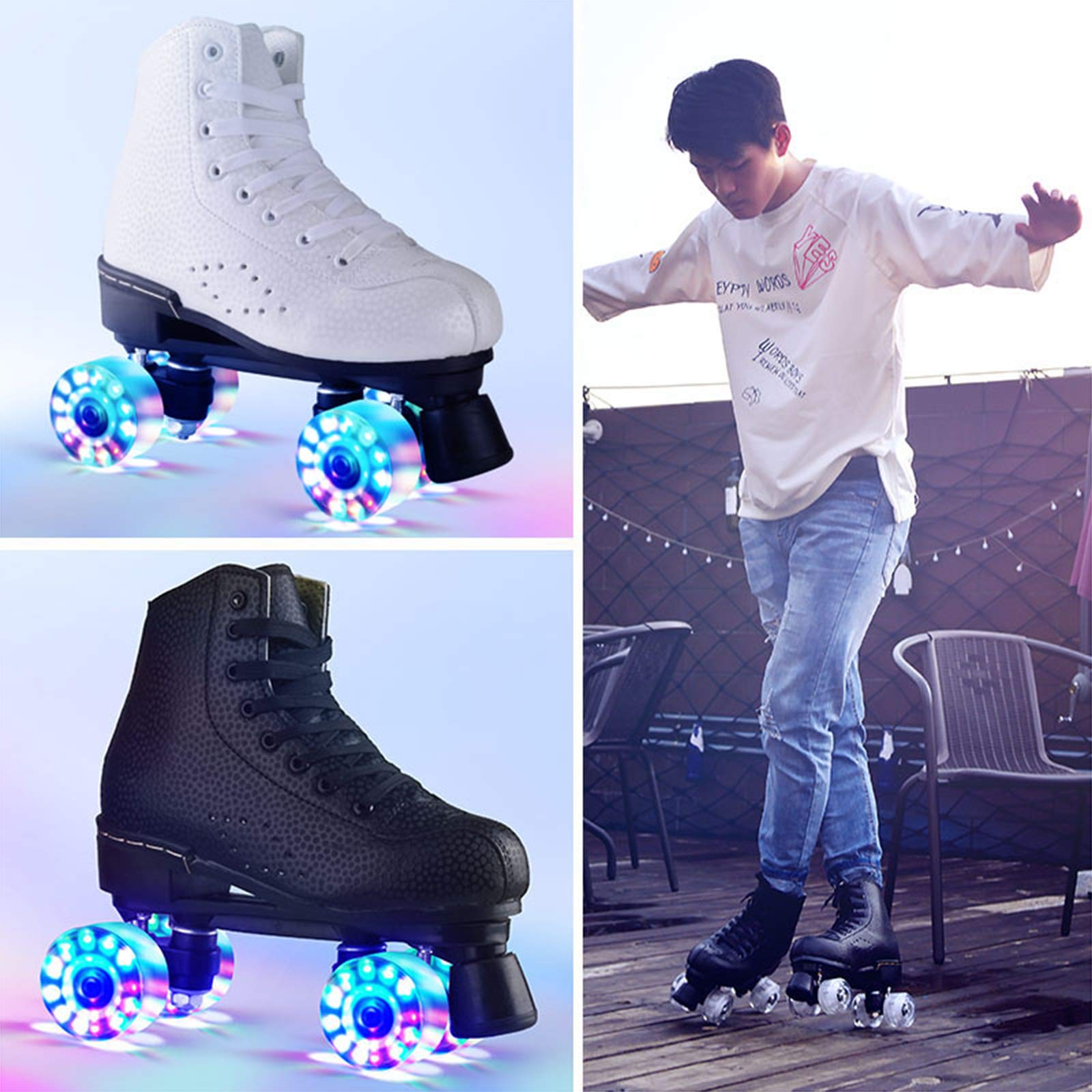 MIAOXIAO Pattini A Rotelle Quad con Ruote Flash Pattini da Esterno Antiurto per Adolescenti Scarponi da Skateboard Premium Artistici per Adulti per Gare di Allenamento di Danza,A,CN 43
