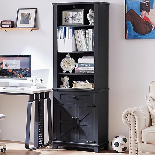 Miniatura 27 de Estantería de 5 niveles de 70" de altura con puertas de granero, estante grande de exhibición de libros estilo granja con estantes ajustables y Azul