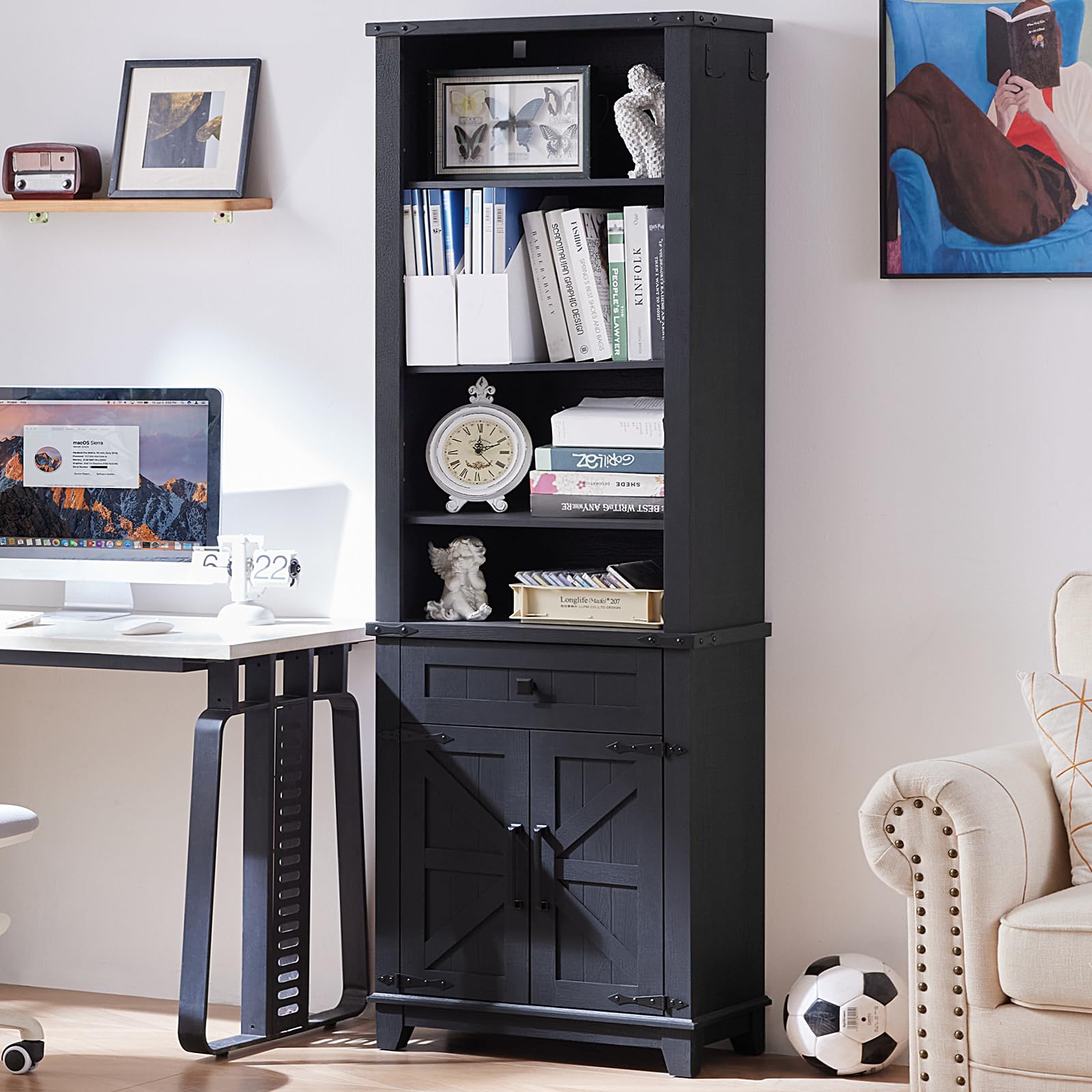 Joaxswe 72in Tall Bookshelf 7 Tier Bookcase with Drawer and Barn Doors and Adjustable Shelves, Black Farmhouse Book Shelf with Storage Cabinet, Wood