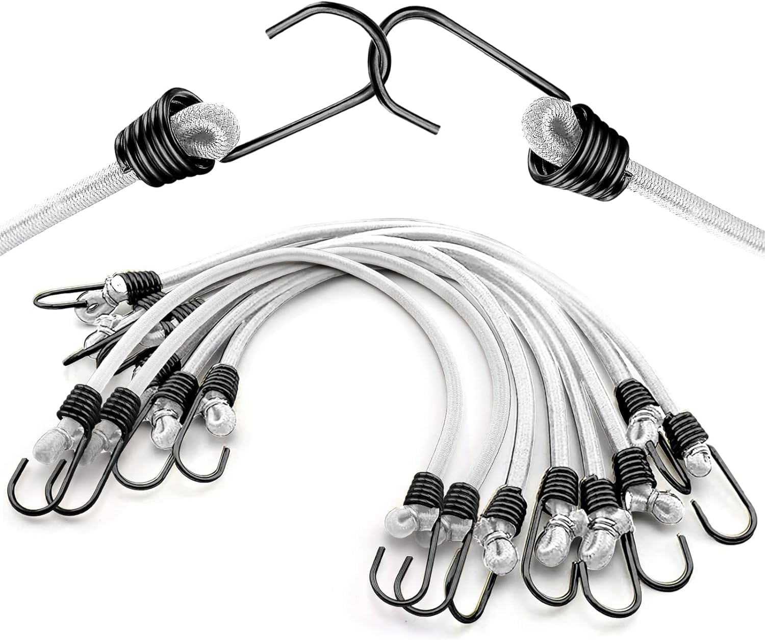 Elastic Bungee Cords, 10pcs Black Bungee Straps, Bungee Cords with Hooks for Bikes, Motorcycle, Hand Carts, Wire Racks, Tents (White 9.84inch), LC-AE-0002