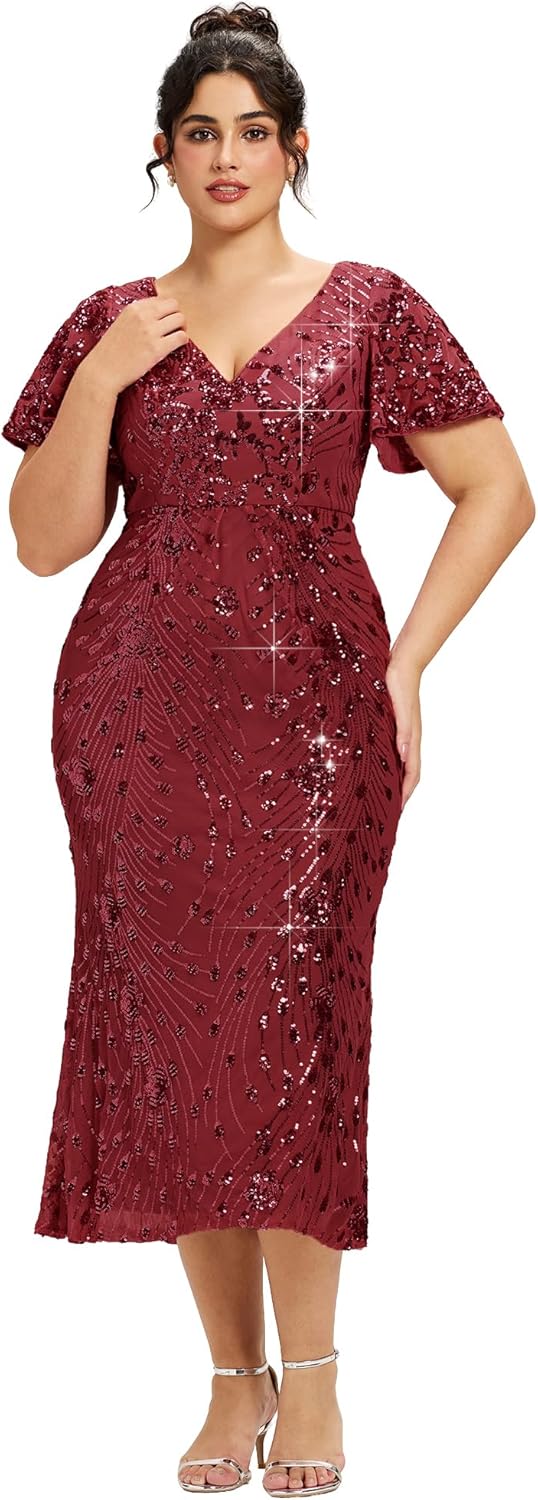 Ever-Pretty Plus Women's Sequin V Neck Plus Size Prom Dress Mermaid Formal Cocktail Evening Dresses for Curvy Women