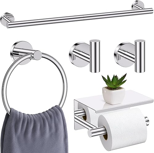 Miniatura 19 de Juego de 5 accesorios de baño negro mate, juego de toallero de 23.6 pulgadas, soporte de papel higiénico de acero inoxidable, toalleros redondos