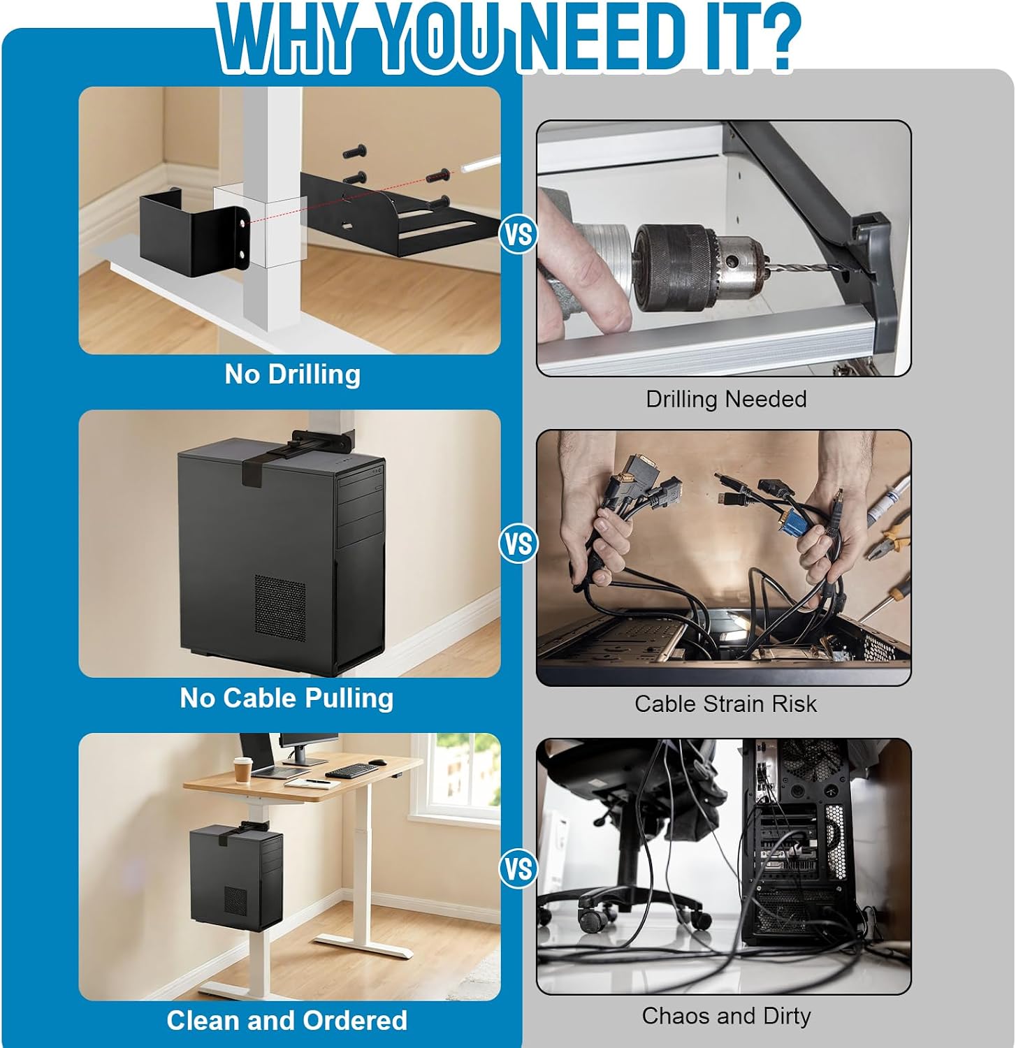 Under Desk PC Mount - Heavy Duty PC Stand for Standard Computer Tower Up to 9.64" Wide, Up to 50Lbs Weight, Clamped PC Bracket Holder Only for 65×45mm/75×45mm/80×50mm Standing Desk Leg, No Drill