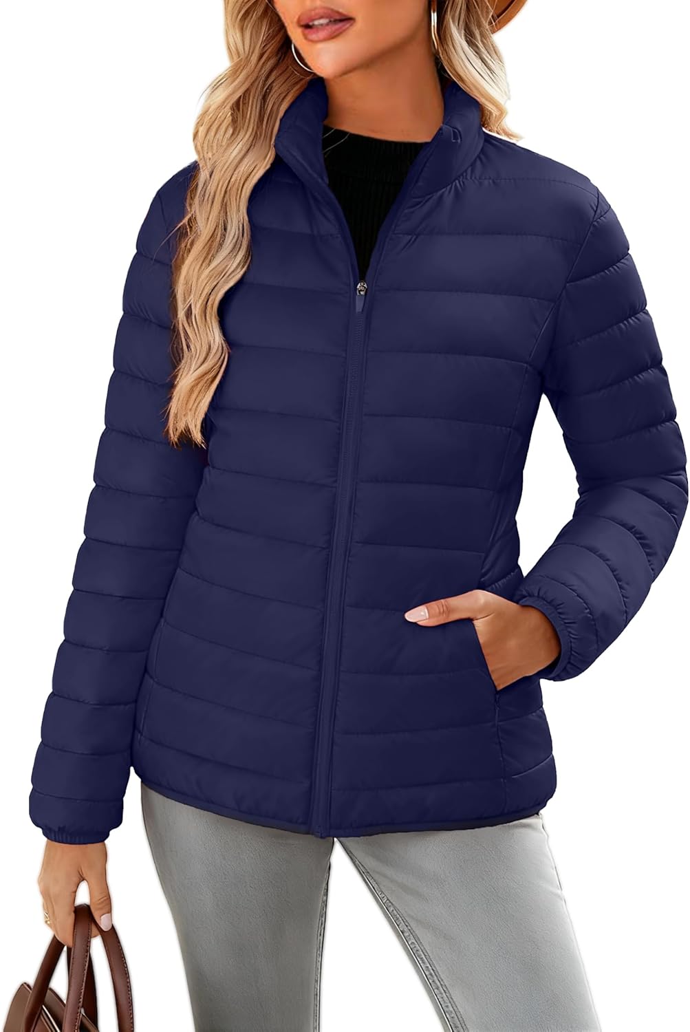 SMENG Women's Lightweight Quilted Puffer Jackets Full-Zip Stand-collar with 4 Pockets Padded Fleece Jacket Coat