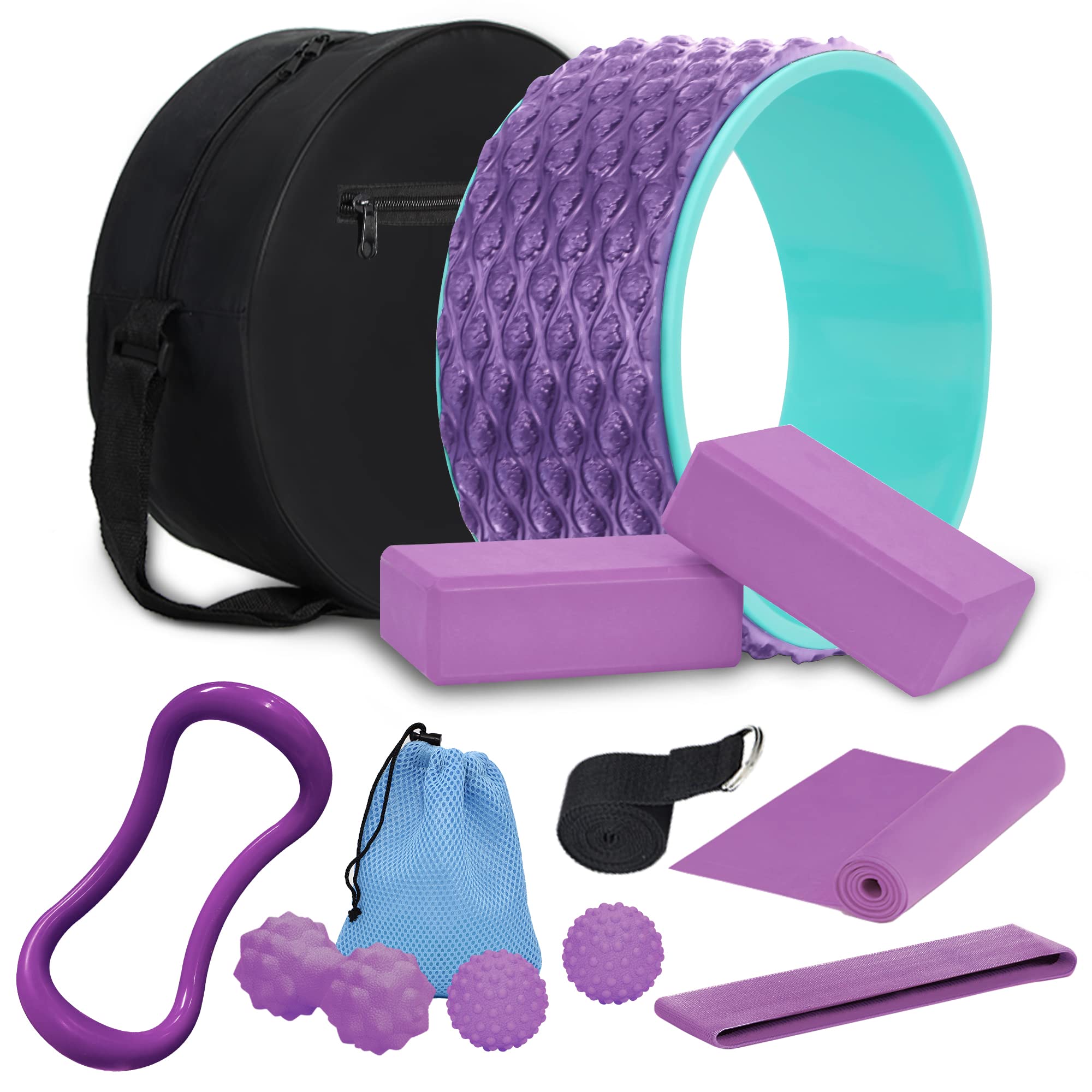 THYWD Yoga Wheel 12 in 1 Set with Back Roller for Pain Relief & Deep Tissue Massage Yoga Blocks 2 Pack with Yoga Ring,Yoga Strap,Resistance Bands,Elastic Band,Massage Ball,Perfect Yoga Accessory for Stretching Massage,Yoga Starter Kit for Beginner