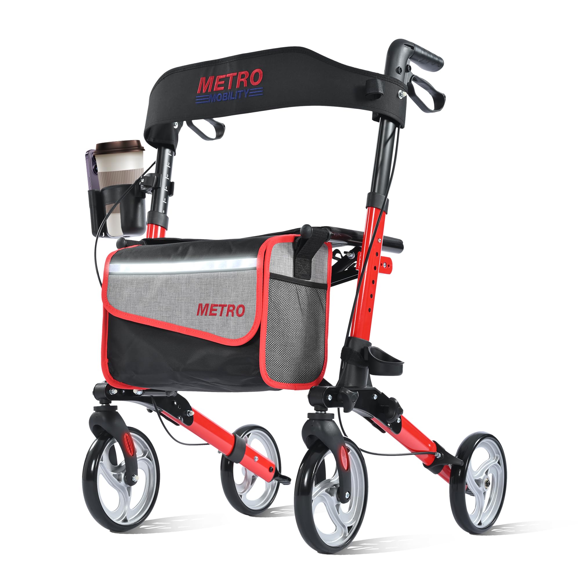 Metro Mobility Rollator Walker with Seat for Seniors, Foldable Lightweight Rolling Walker, 8" Big Wheels for All Terrain, 300 lb. Weight Capacity, Red