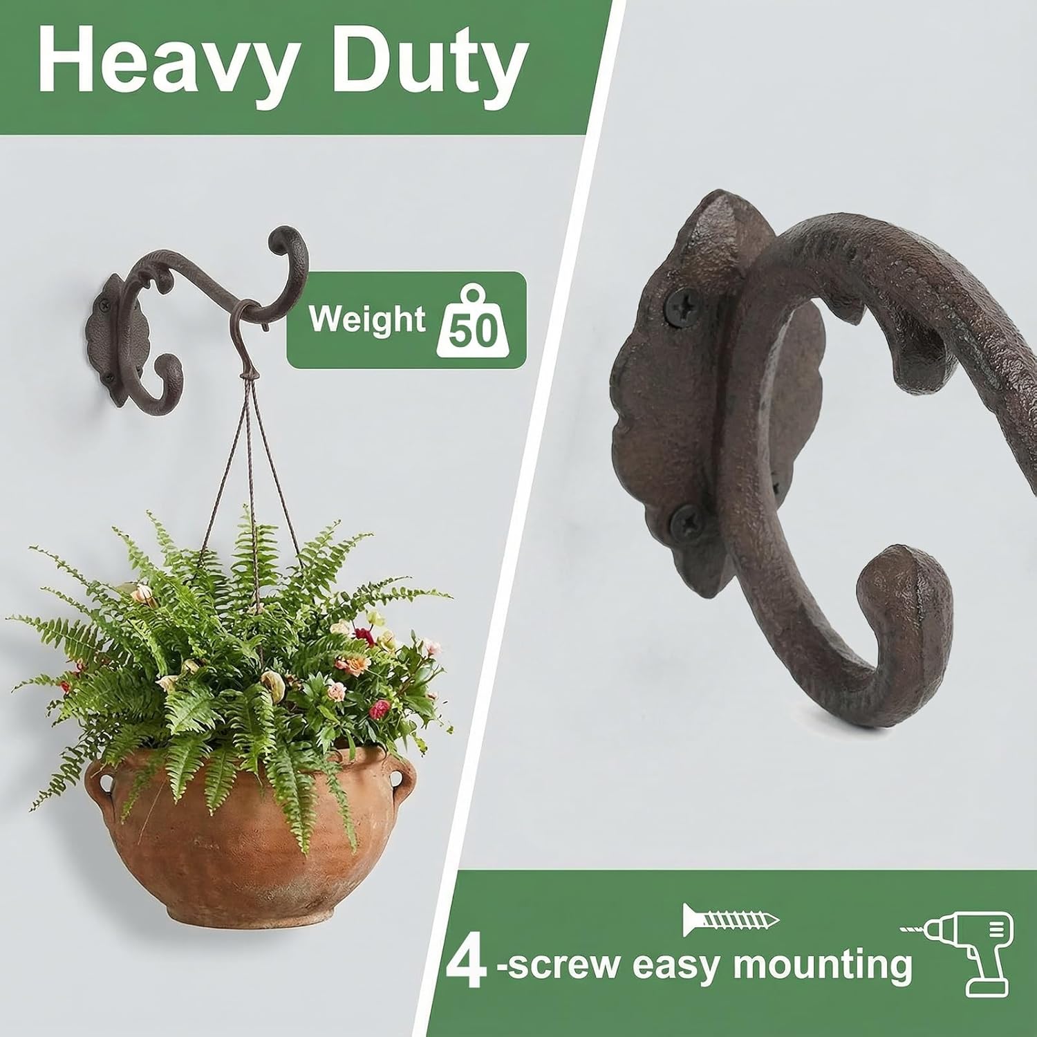 Z metnal Cast Iron Plant Hanger - 9 inch Rustic Wall Mounted Hanging Basket Holder for Outdoor Garden, Patio, Porch Decor - Heavy Duty Metal Hook Bracket, Double Hook