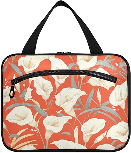 Neceser colgante vintage con gancho, diseño de lirio de cala, color naranja coral, elegante, bolsa de cosméticos plegable de diseñador para
