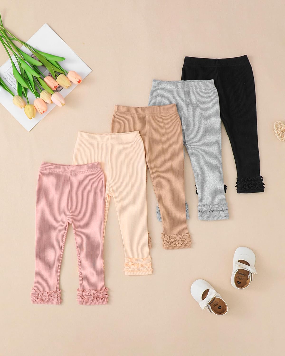 Baby Girl Pants Leggings 5-Pack 0-24 Months Newborn Baby Leggings Toddler Girl Pants 2-3T Bell and Ruffle Bottoms - Image 4