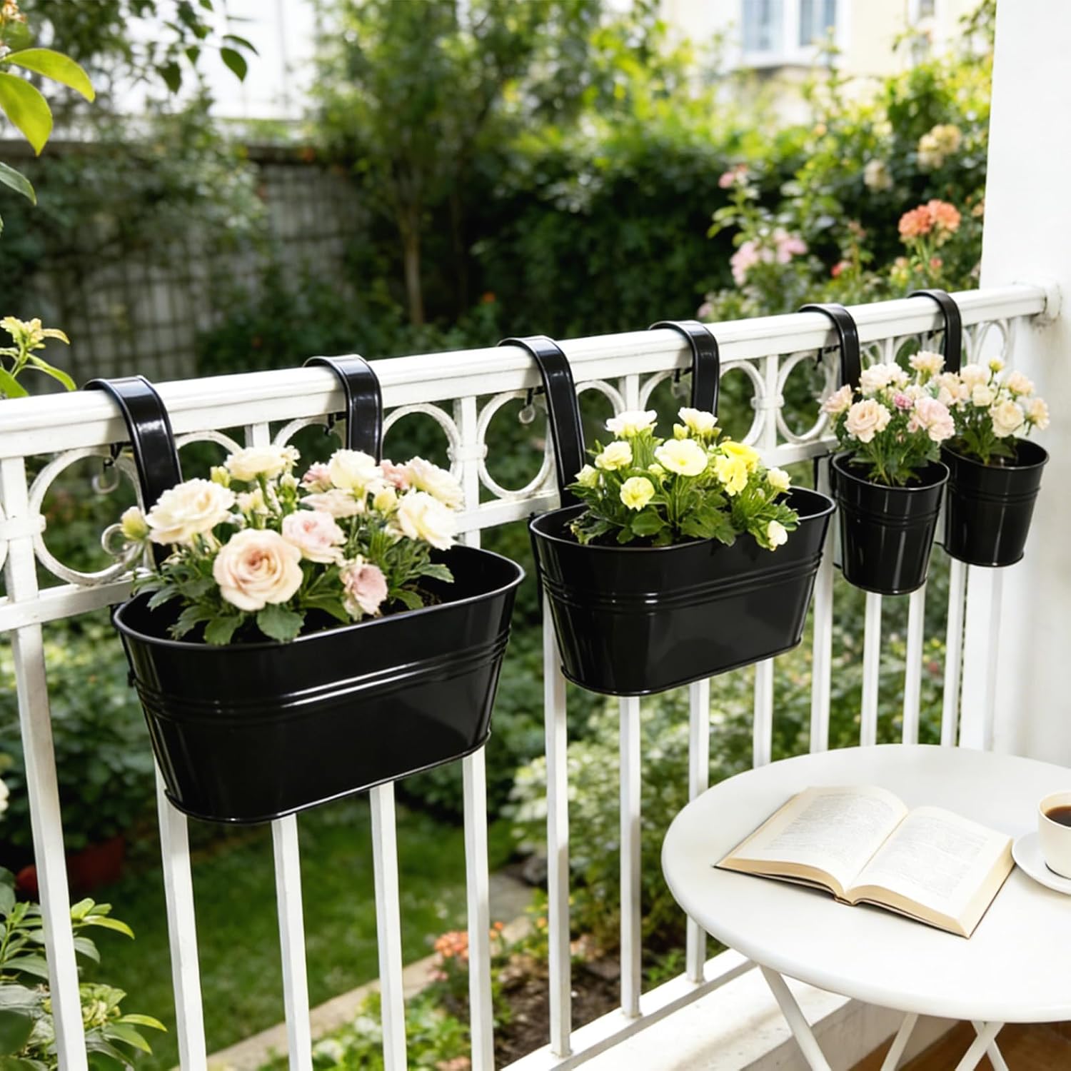 Pack of 8 Metal Hanging Planters for Outdoor Plants, 4 Pcs 4" Round Railing Planter & 4 Pcs 10" Oval Fence Flower Pots for Balcony Garden Decor, Black