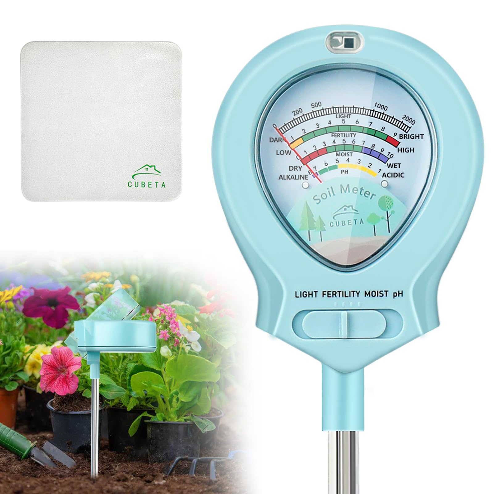 CUBETA Soil Moisture Meter Plants, 4-in-1 Soil Tester Light/Fertility/Moisture/PH Soil Tester for Garden, Lawn, Farm Indoor & Outdoor Plant Moisture ph Meter