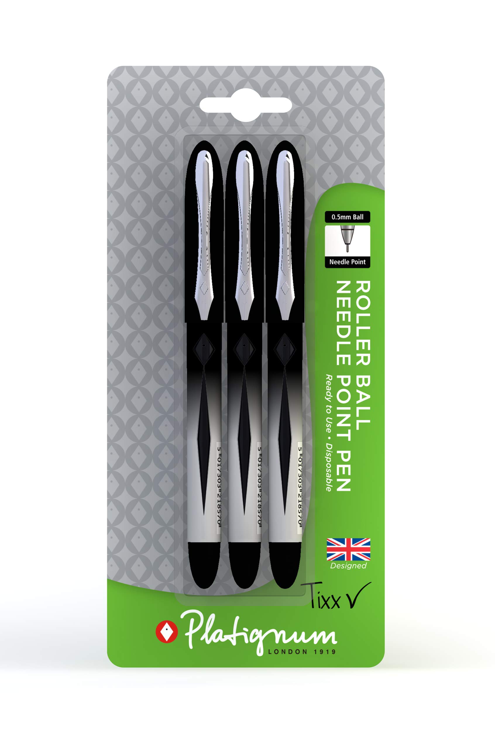 Platignum Tixx Black Gel Ink Needle Point Roller Ball Pen [Pack of 3] 1200 m Writing Length [Ref: 50510] [Amazon Exclusive]