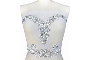 Silver Handmade Beaded V-neck Applique with Rhinestone Crystals for Bridal Dresses and Evening Gowns