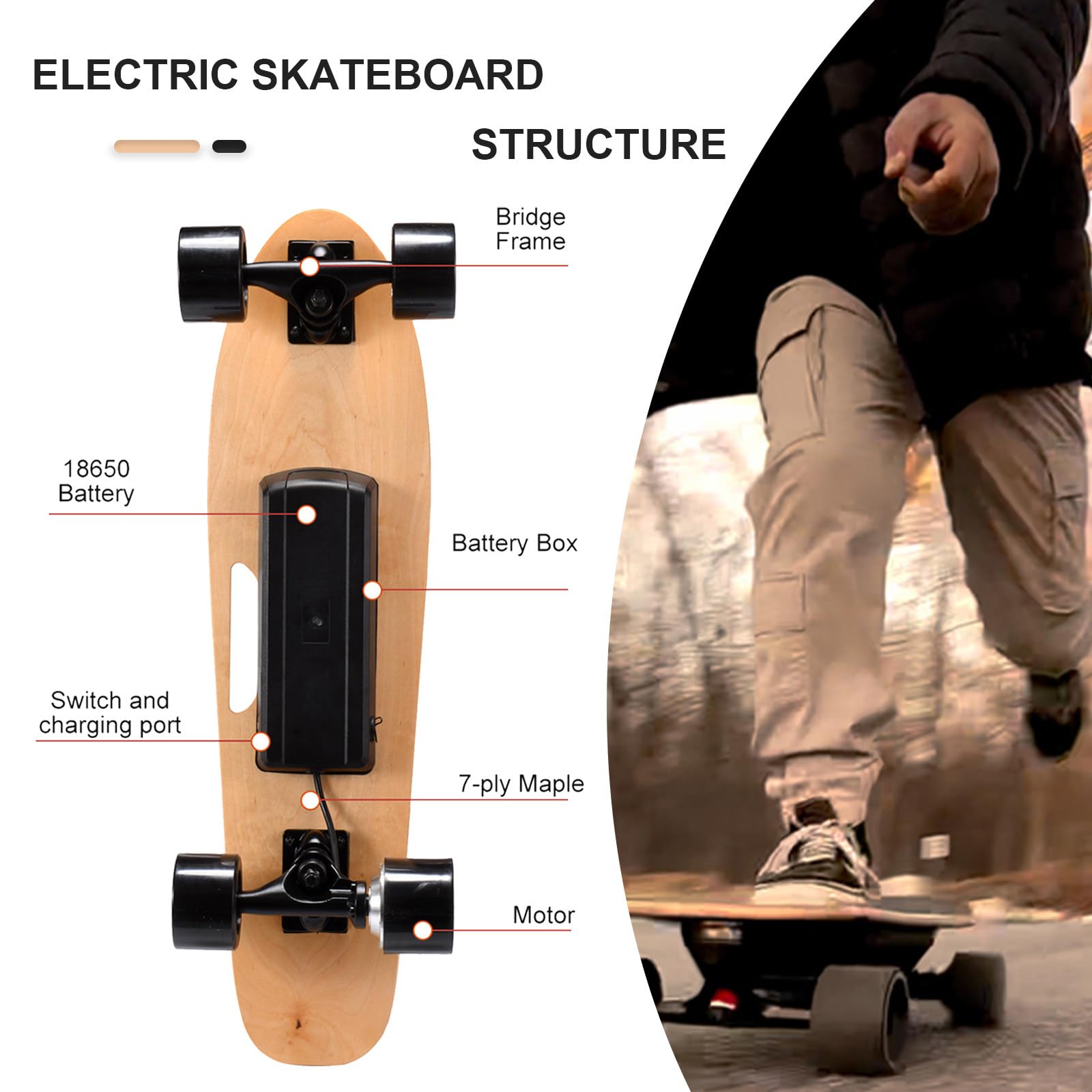 Skate elettrico per uso esterno, con motore 350W, 4 livelli di velocità, telecomando remoto, autonomia massima di 13 km, velocità fino a 22 km/h, costruzione in acero a 7 strati per durabilità