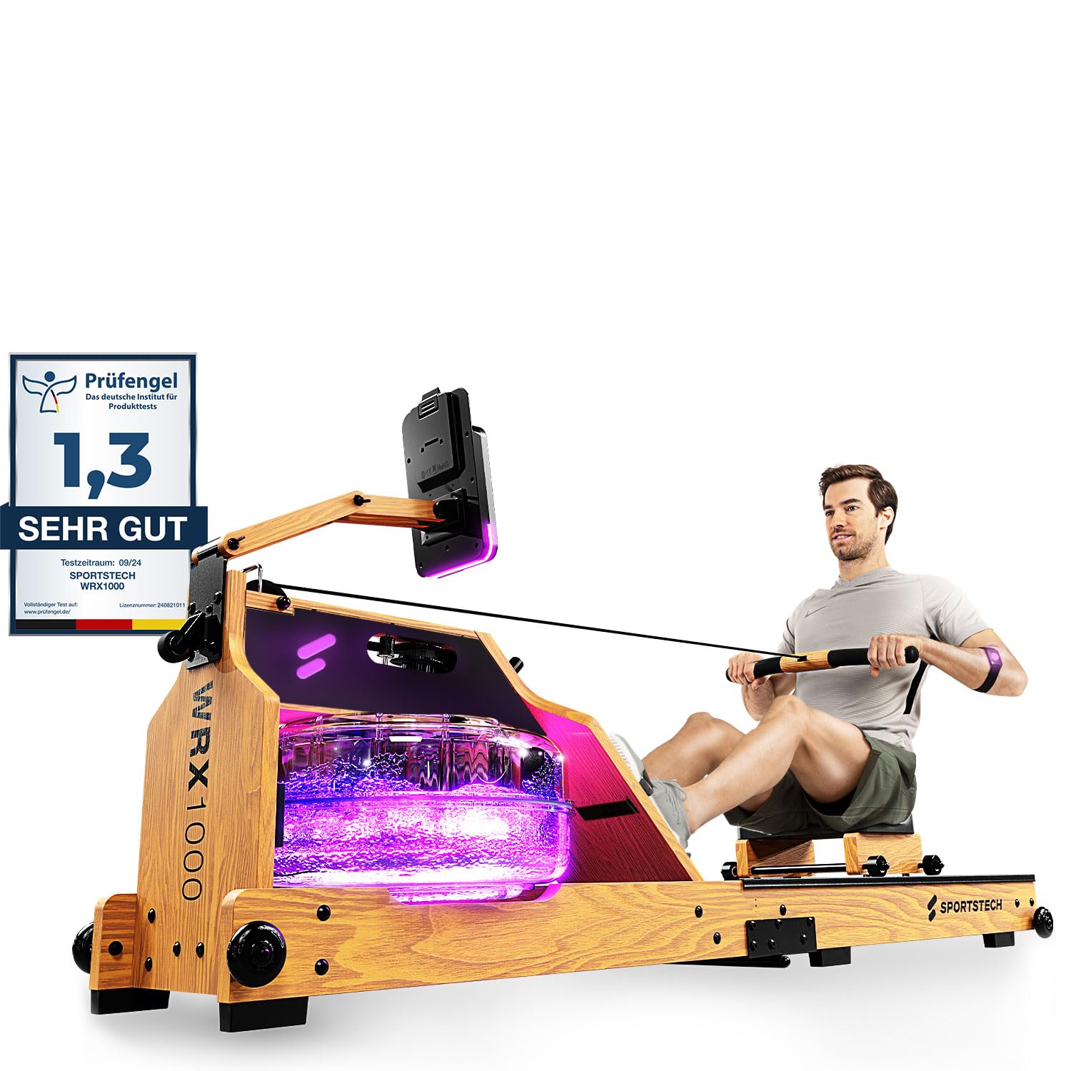 Sportstech - WRX1000 Water Vogatore, Vogatore Pieghevole per Casa, Premium Vogatore ad Acqua con Tecnologia Pulse Serbatoio dell'Acqua a 7 Zone LED e Display LCD