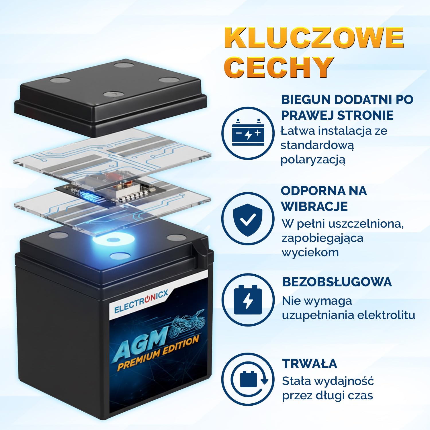 Electronicx AGM akumulator motocyklowy YTX7L-BS 12V 7Ah 120A – bezobsługowy, szczelny, kompaktowy, odporny na wibracje i wycieki – do skutera, quada i motocykla – Wymiary:113x70x128mm.