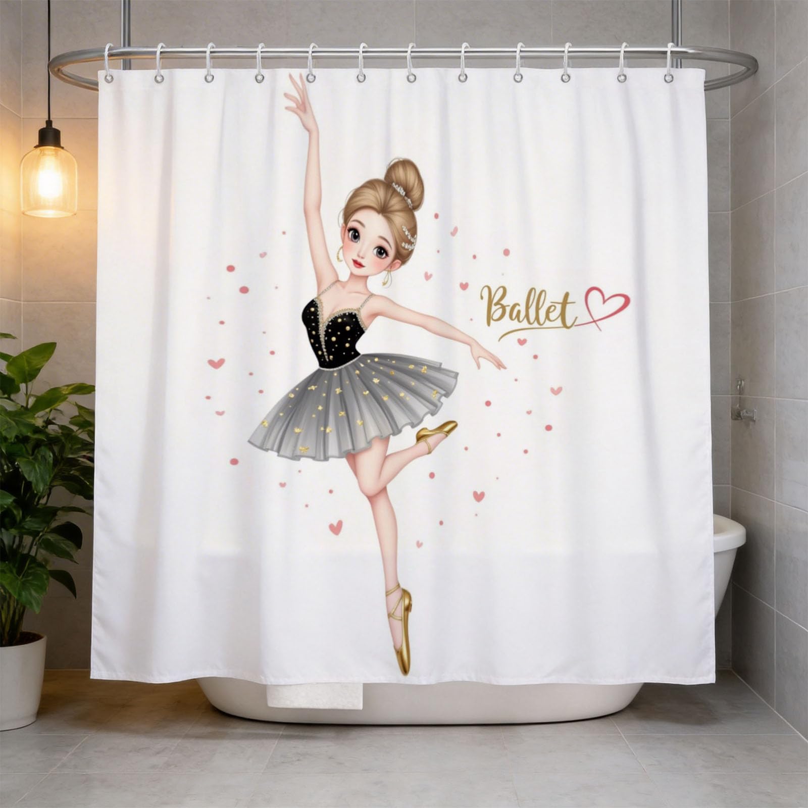 Hongduo 3D Ballet Shower Curtain for Stalls Bathtubs Cute Bathroom Decor Shower Curtain Set Polyester Fabric Waterproof 180x180cm/71X71 Inch with Hooks
