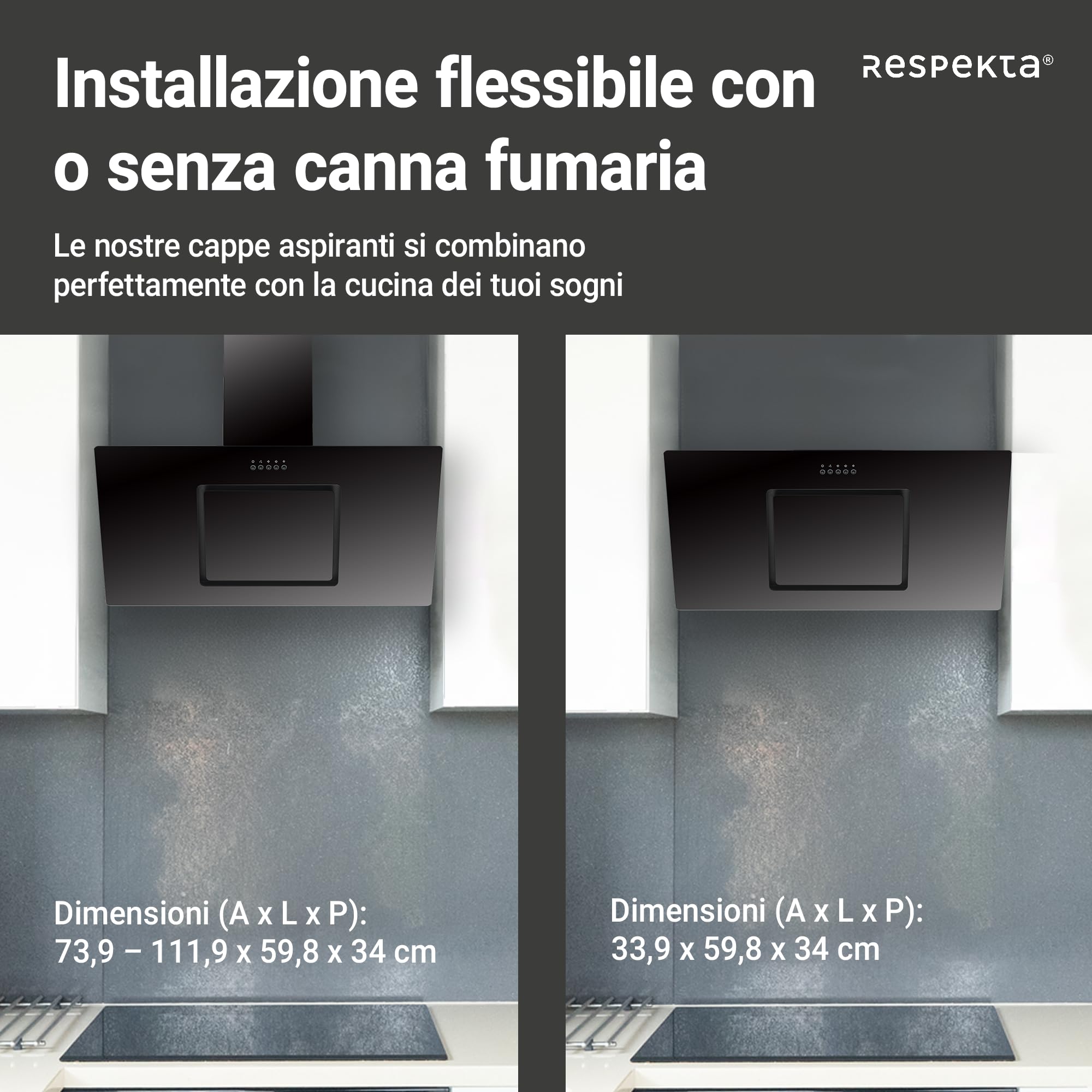 Respekta Cappa cucina inclinata con spazio per la testa | Cappa cucina verticale 90 cm | Scocca in metallo con vetro nero | Funzione di scarico e ricircolo | CH22010|90SBZ | B | 54 – 62 dB