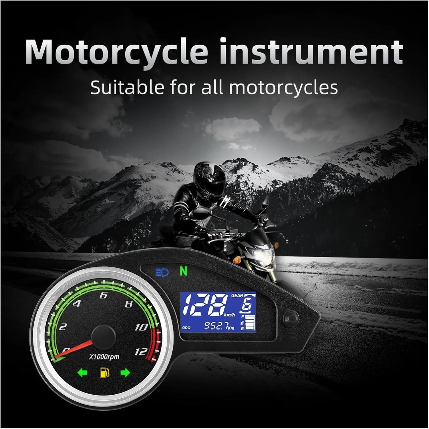 Motorcycle Speedometer Gauge Universal Motorcycle Tachometer 12000RPM Tachometer Digital Odometer Moto Dashboard Gear Display for 12V Motorcycle