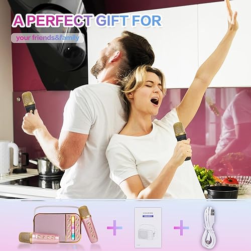 Miniatura 7 de Mini máquina de karaoke para niños y adultos, máquina de karaoke con 2 micrófonos, micrófono de mano portátil y juego de altavoces, sistema de
