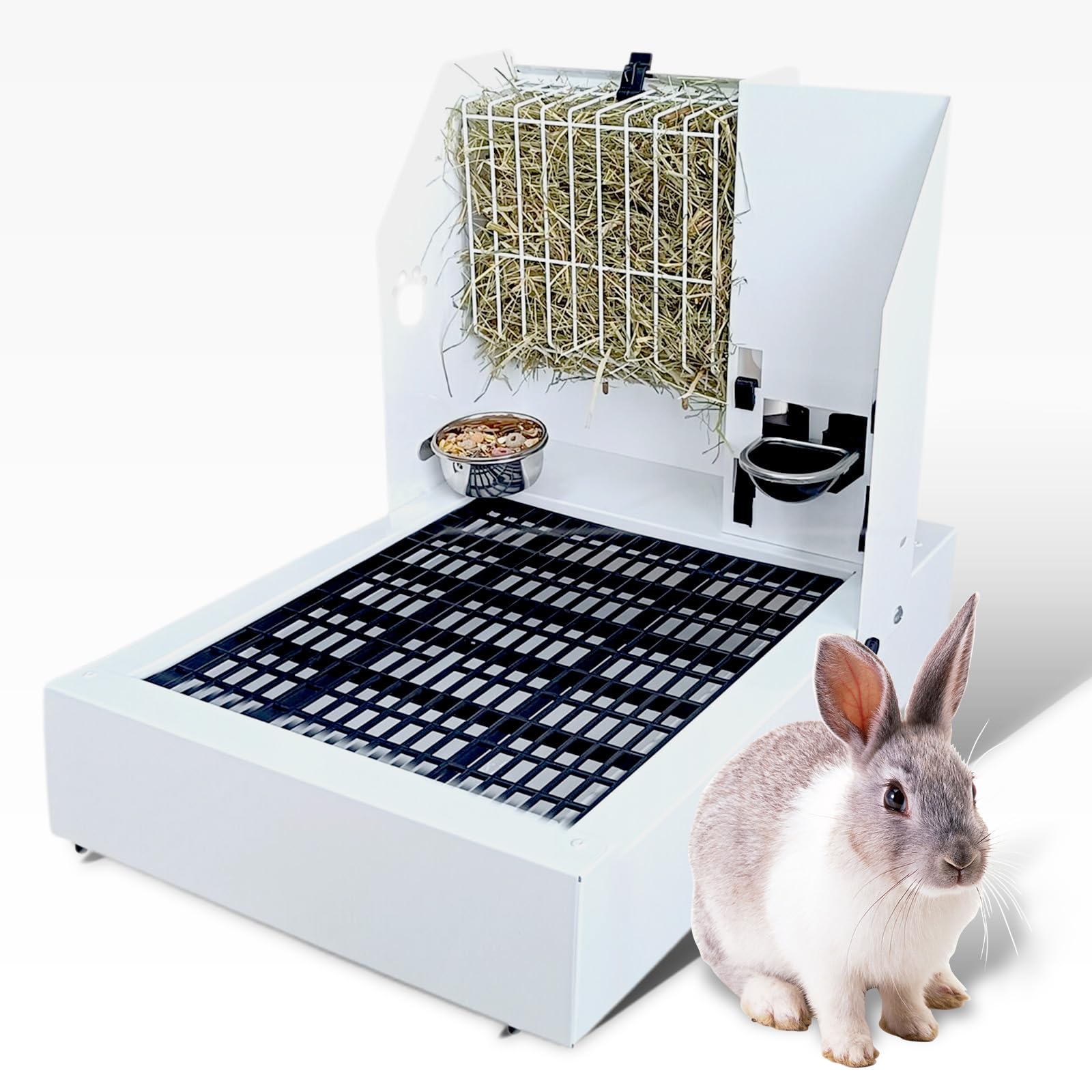 Breker Klappbare Kaninchen Toilette & Futterstation [inkl. 5L HEURAUFE, 2L TRINKFLASCHE, FUTTERNAPF] - mit rutschfesten Gummifüßen, Kotwanne & Bodenrost | 41 x 48 x 55 cm