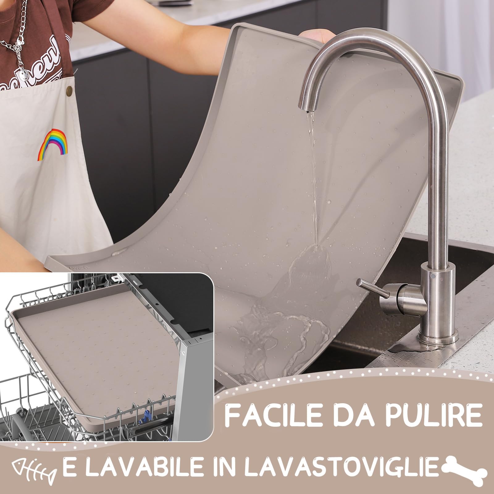 MateeyLife Tappetino Sottociotola per Cani Grande, Antiscivolo Tappetino Silicone Ciotole per Cani, Tappeto Ciotole Cane, Tovaglietta Silicone Cane, Sottociotola Cibo Gatti con Bordo, 60 x 40 cm