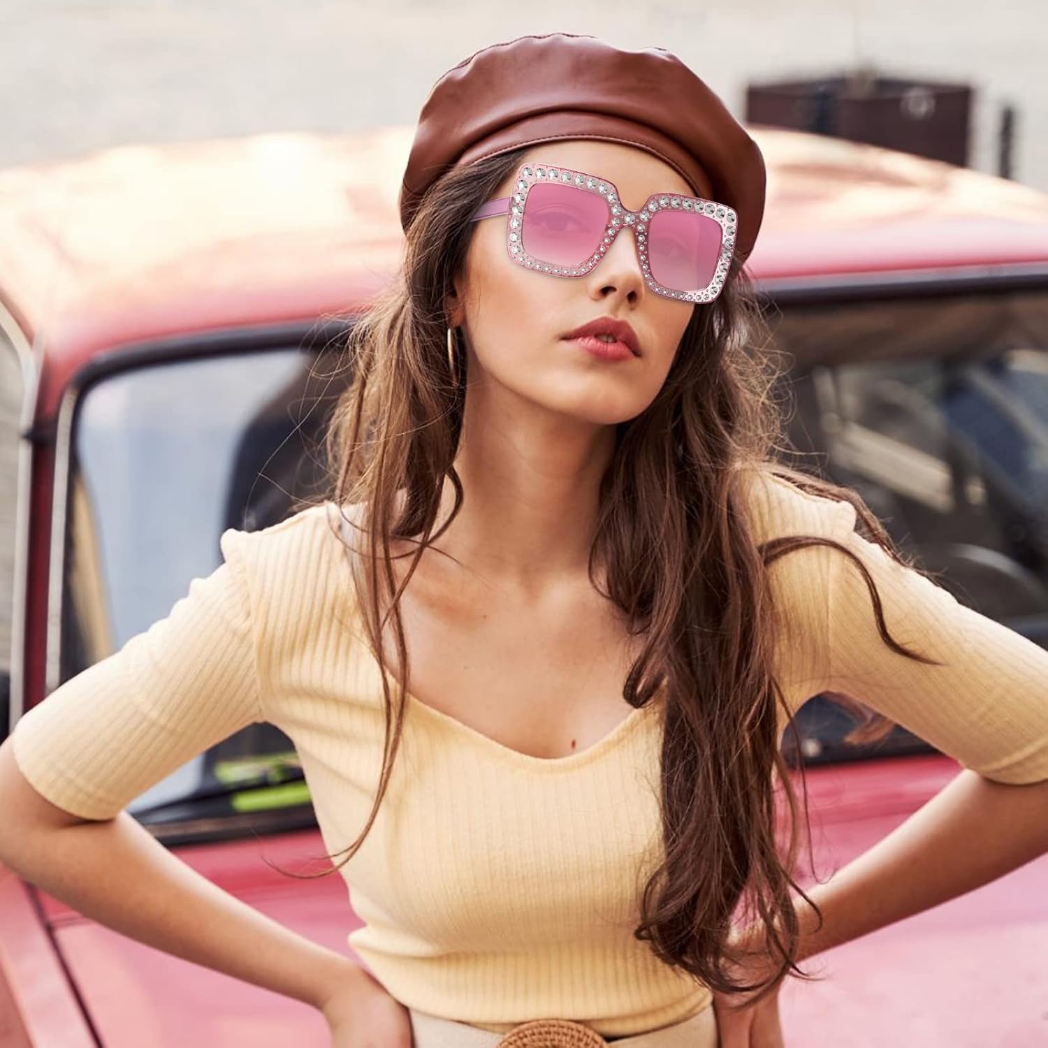 Weewooday 24 Pairs Crystal Oversize Sunglasses Square Diamond Glitter Sparkly Sunglasses Retro Thick Frame Rhinestone Square Bling 60,70's Disco Accessories for Women Men