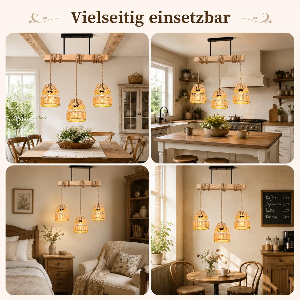 Pendelleuchte Esstisch Rattan 3-Flammig E27, Hängelampe Holz Boho Einstellbarer Winkel, Deckenlampe Boho Vintage Esstischlampe Hängend für Kücheninsel Wohnzimmer Esszimmer Landhausstil