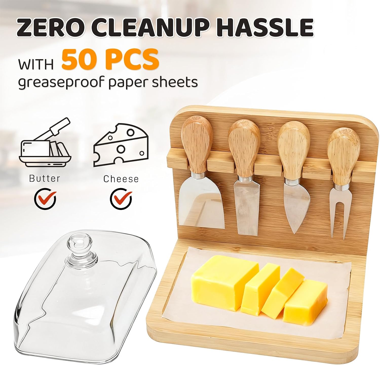 2-In-1 Butter Dish with Lid and Cheese Knife Holder - Includes 50Pcs Greaseproof Paper Sheets & 4 Cheese Knife, Countertop Butter Keeper