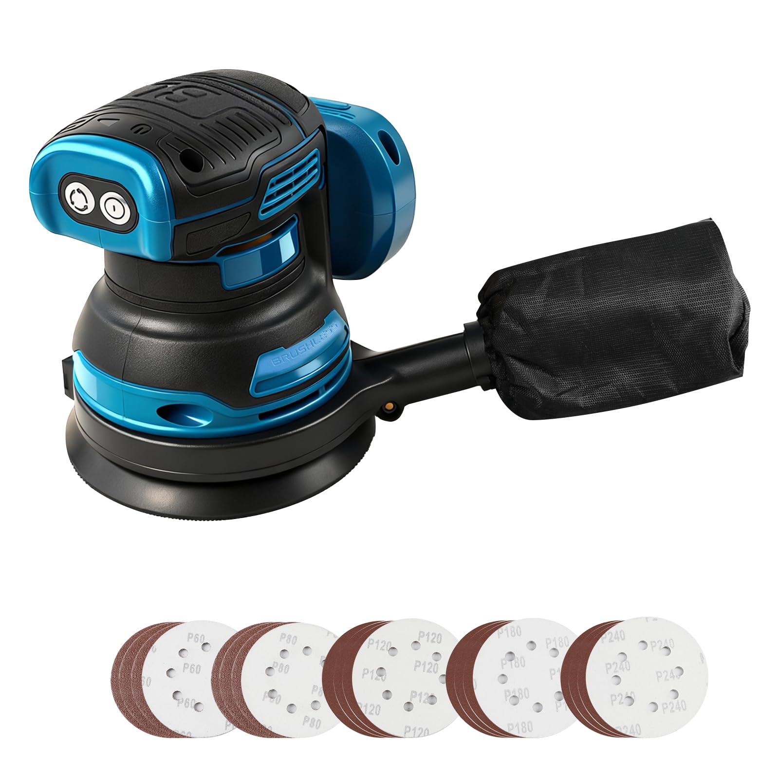 Lijadora excéntrica inalámbrica compatible con batería Makita de 18 V, disco de lijado de 125 mm, motor sin escobillas, lijadora orbital eléctrica, 3 niveles de potencia con 20 papeles de lija