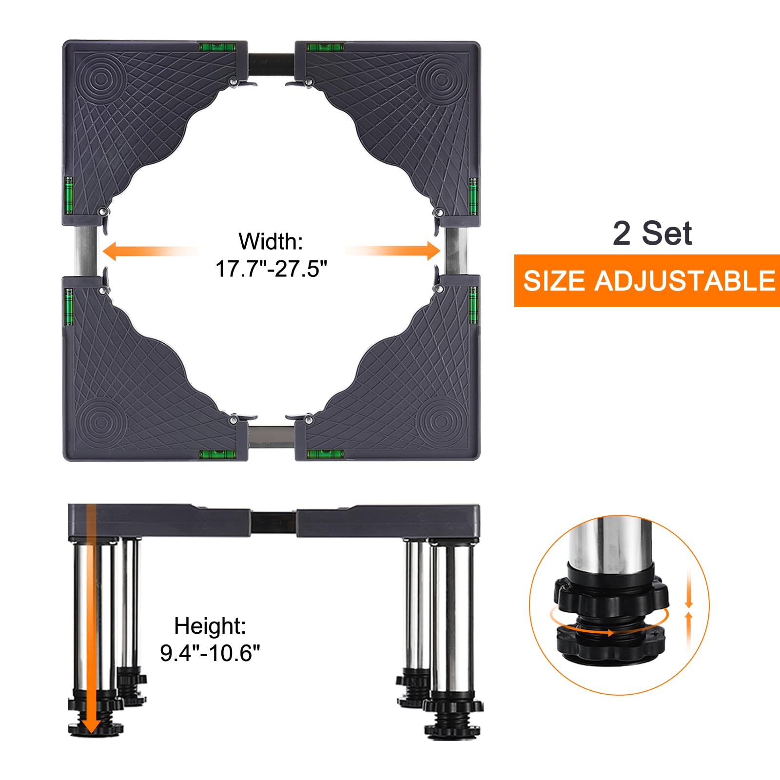 PATIKIL Soporte para Mini Nevera, Base de Soporte de Lavandería con 4 Patas Fuertes, Base Multifuncional Ajustable con Bandeja Antivibración, Altura de 9.4"-10.6", Paquete de 2