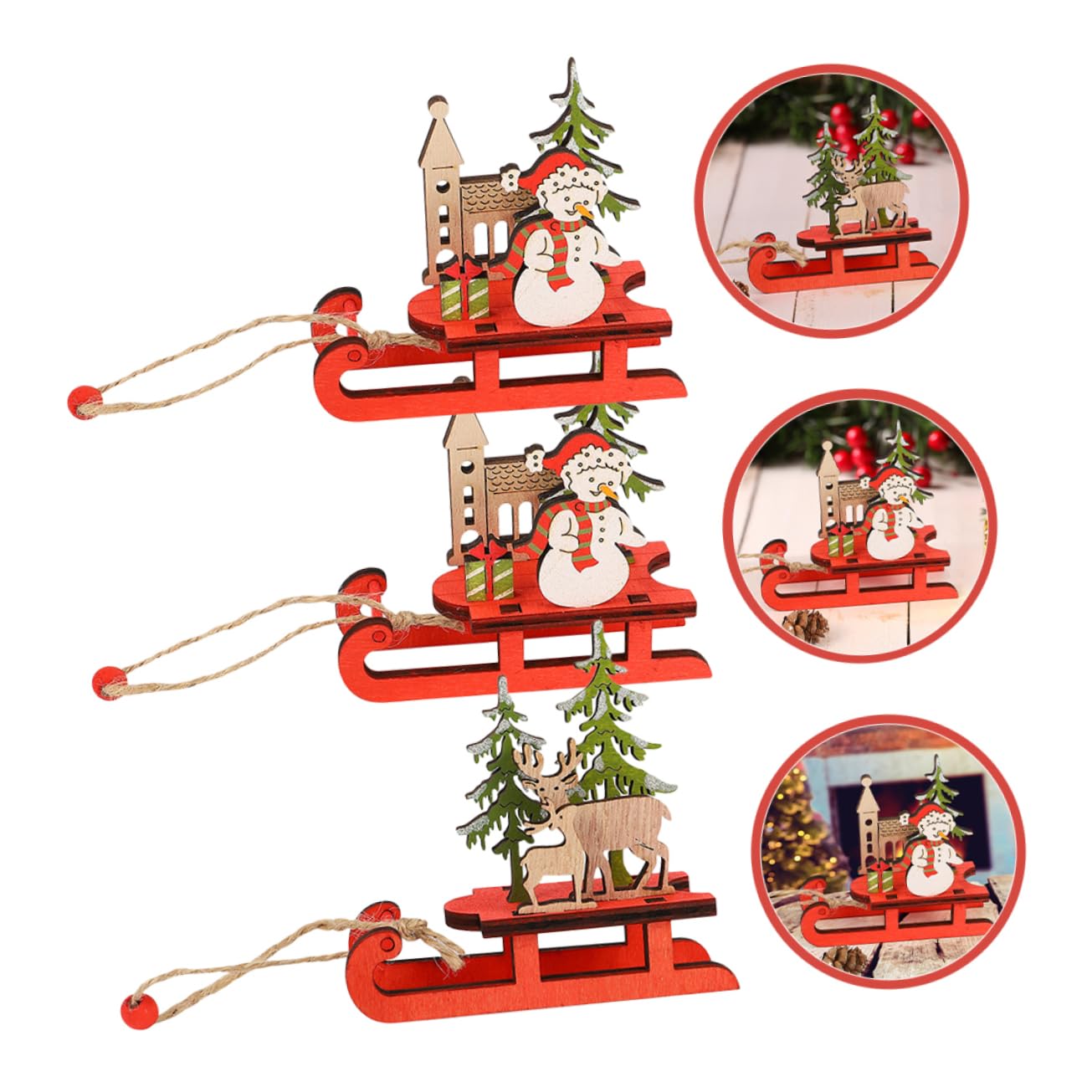 Cabilock 3 Set Slitta Natalizia in Legno Figurine Scena Ornamenti Natalizi Decorazioni Di Halloween Appeso All'albero Di Natale Uomo Fiocco Di Neve Arredamento Autunno Bosso 3 Pezzi*3
