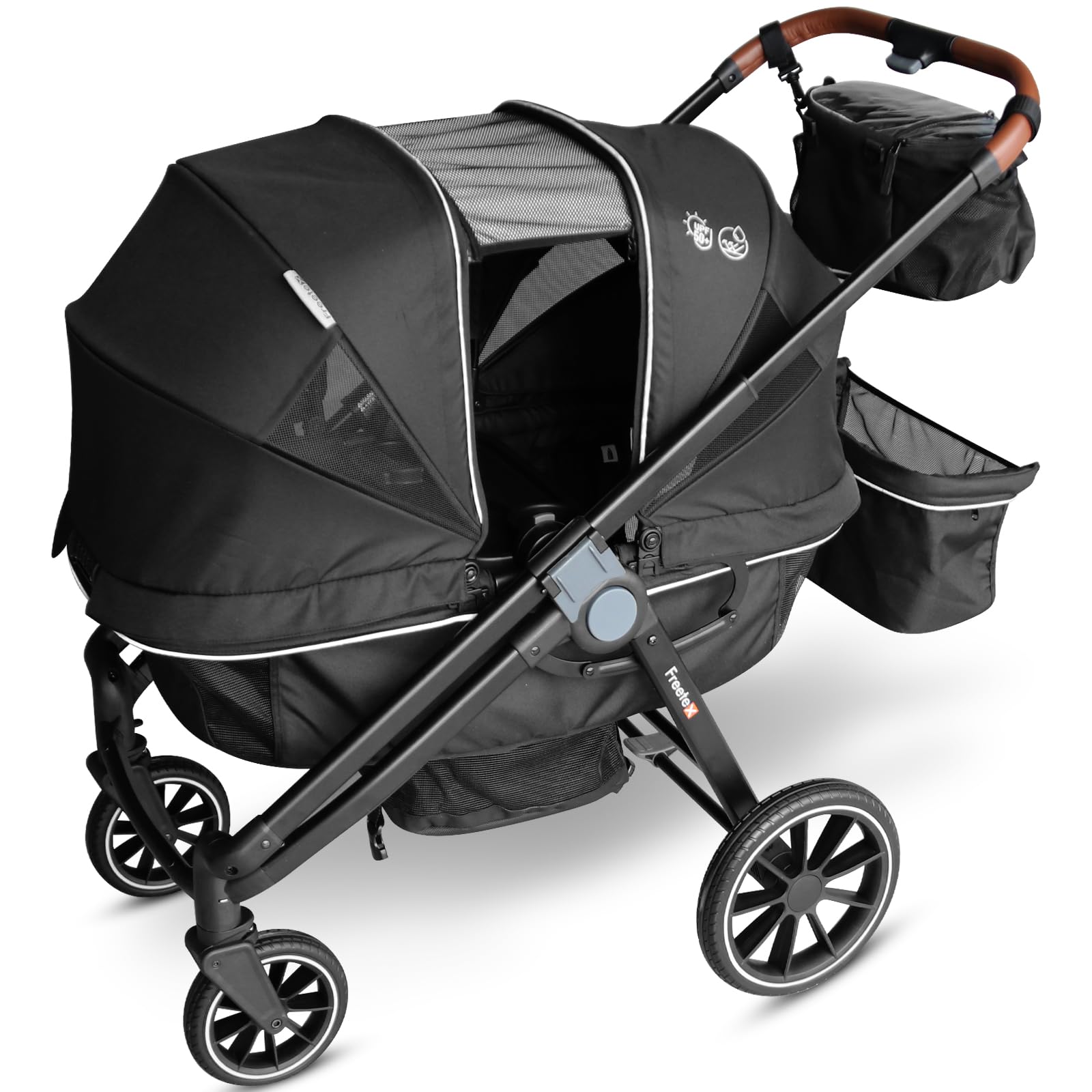 Freetex Tandem Wagon Stroller–All-Terrain 2-in-1 Push&Pull Design, Double Seat Capacity, Large Storage, Adjustable Canopy, Removable Child Tray for Kids Outdoor Adventures&Family Outings