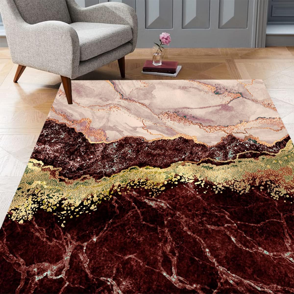 Burgundy Gold Modern Marble Abstract Area Rug for Living Room Bedroom Art Deco Aethetic Lightweight Fluffy Dining Room Kitchen Hallway Carpet Coastal Home Office 2x3 Rugs