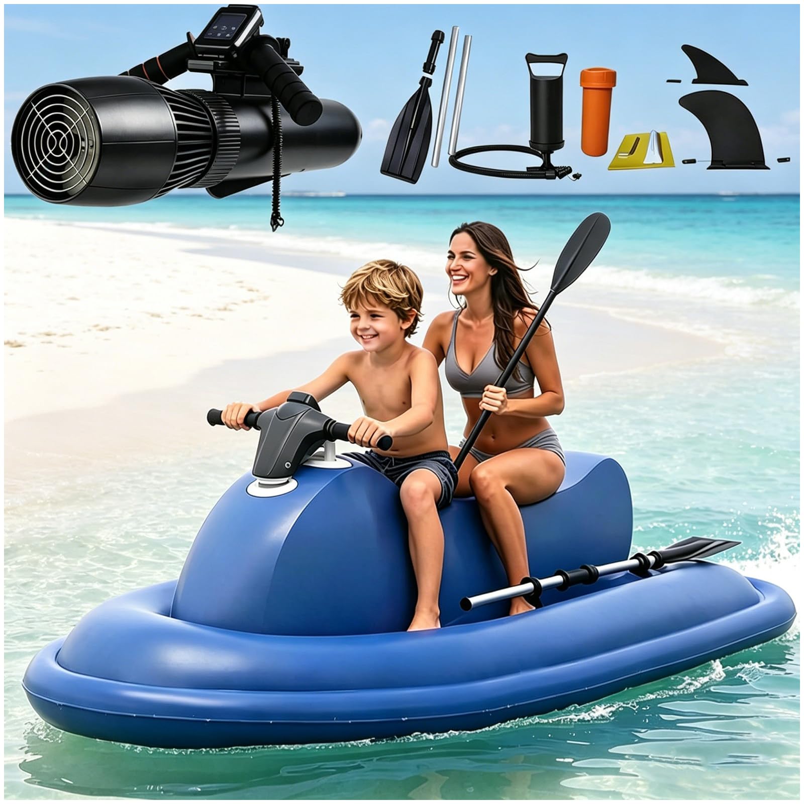 Eastnmythet Summer Electric Motor Boat Jet Ski Inflatable Boat with Thruster, Sea Diving Swimming Equipment, 150kg Load, for Pool, Lake & Ocean Fun 500W 16000mAh
